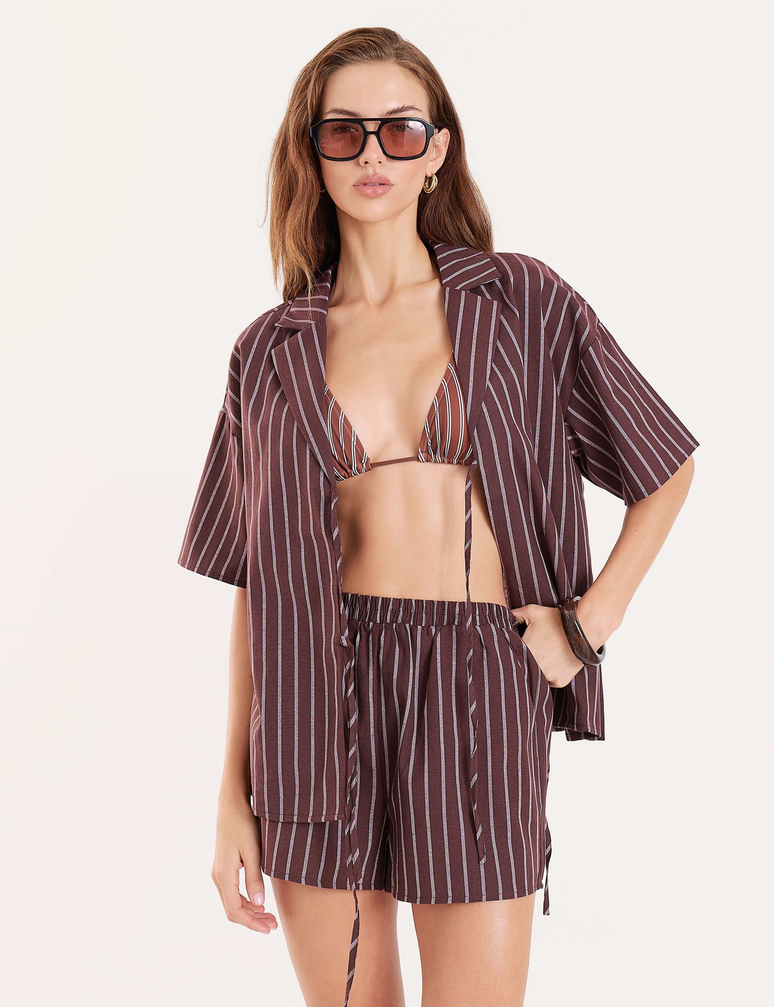 Cotton Blend Striped Tie Front Beach Shirt 8 of 8