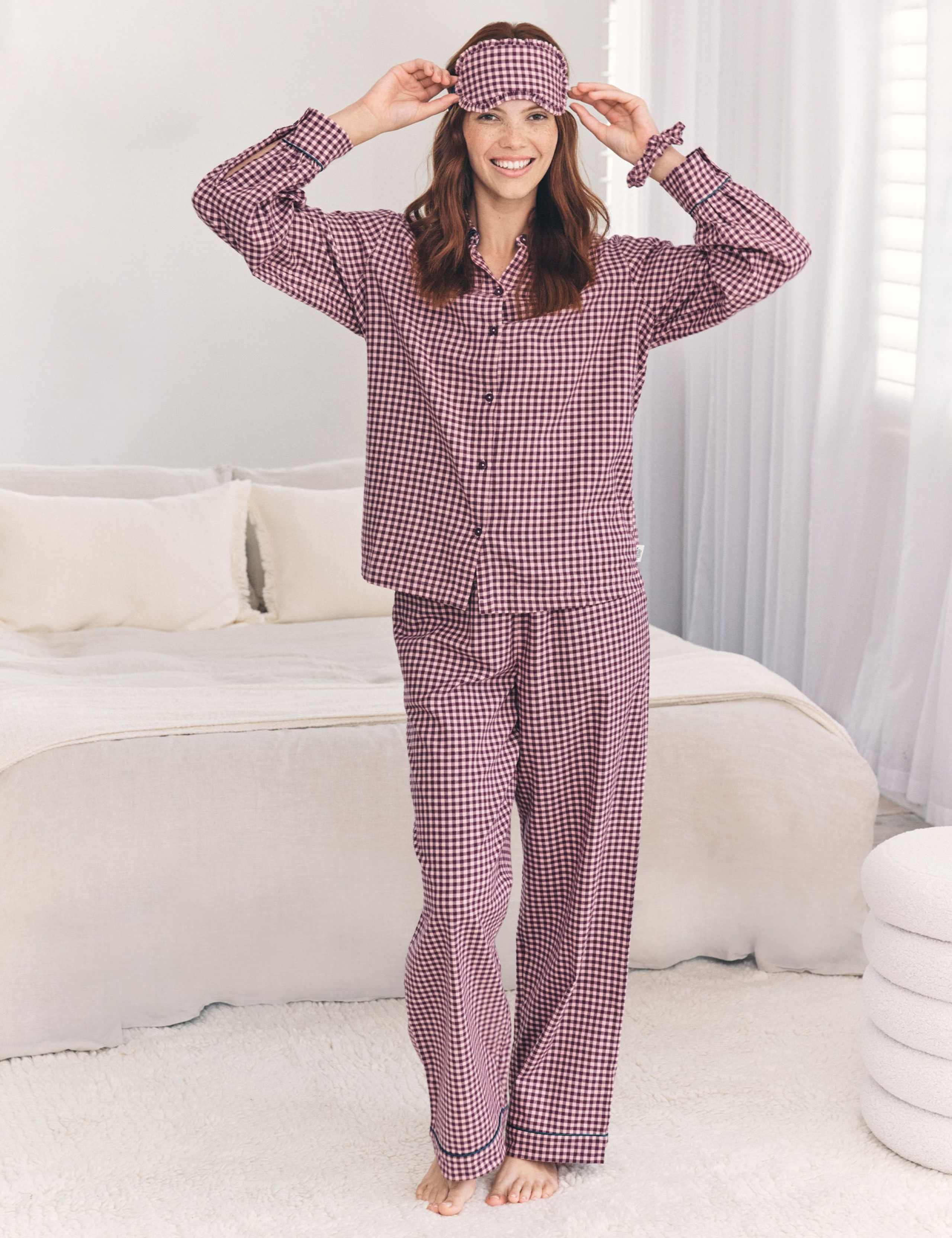 Pure Cotton Checked Pyjama Set with Eye Mask 1 of 7