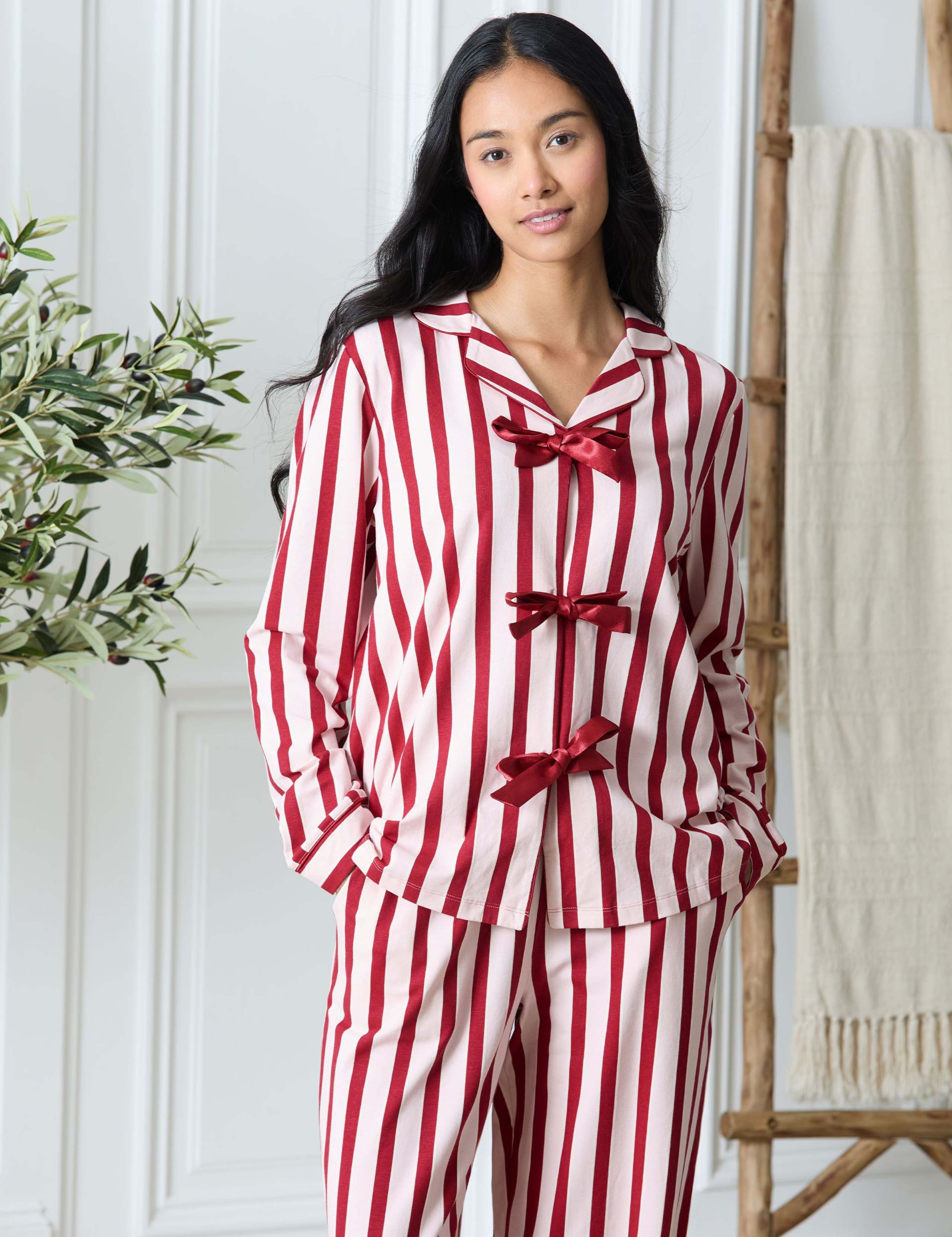 Cotton Rich Striped Bow Front Pyjama Set 2 of 6