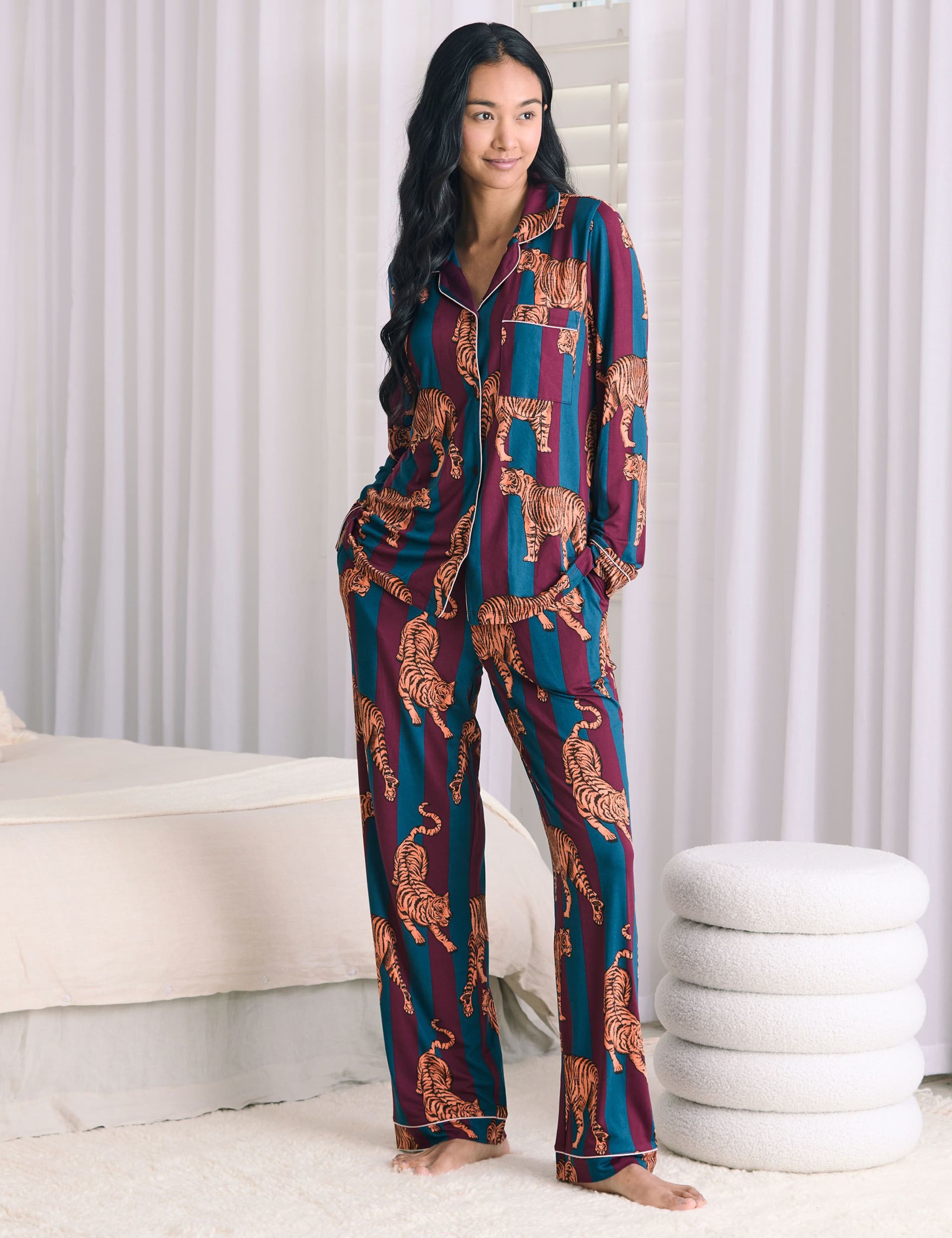 Piped Trim Tiger Print Striped Pyjama Set 1 of 6