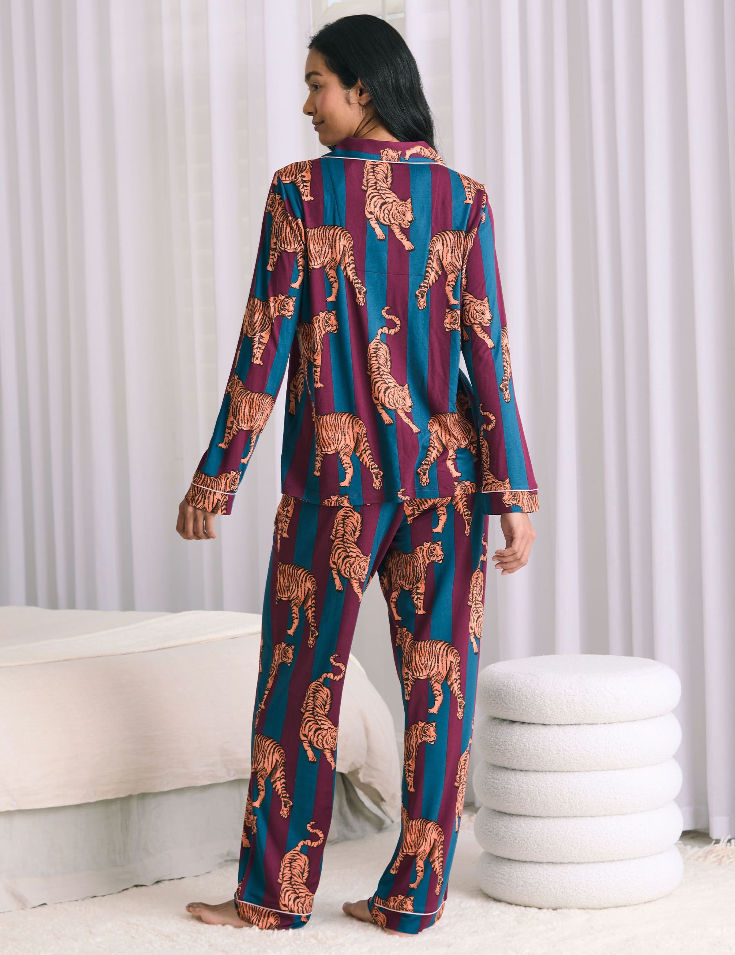Piped Trim Tiger Print Striped Pyjama Set 2 of 6