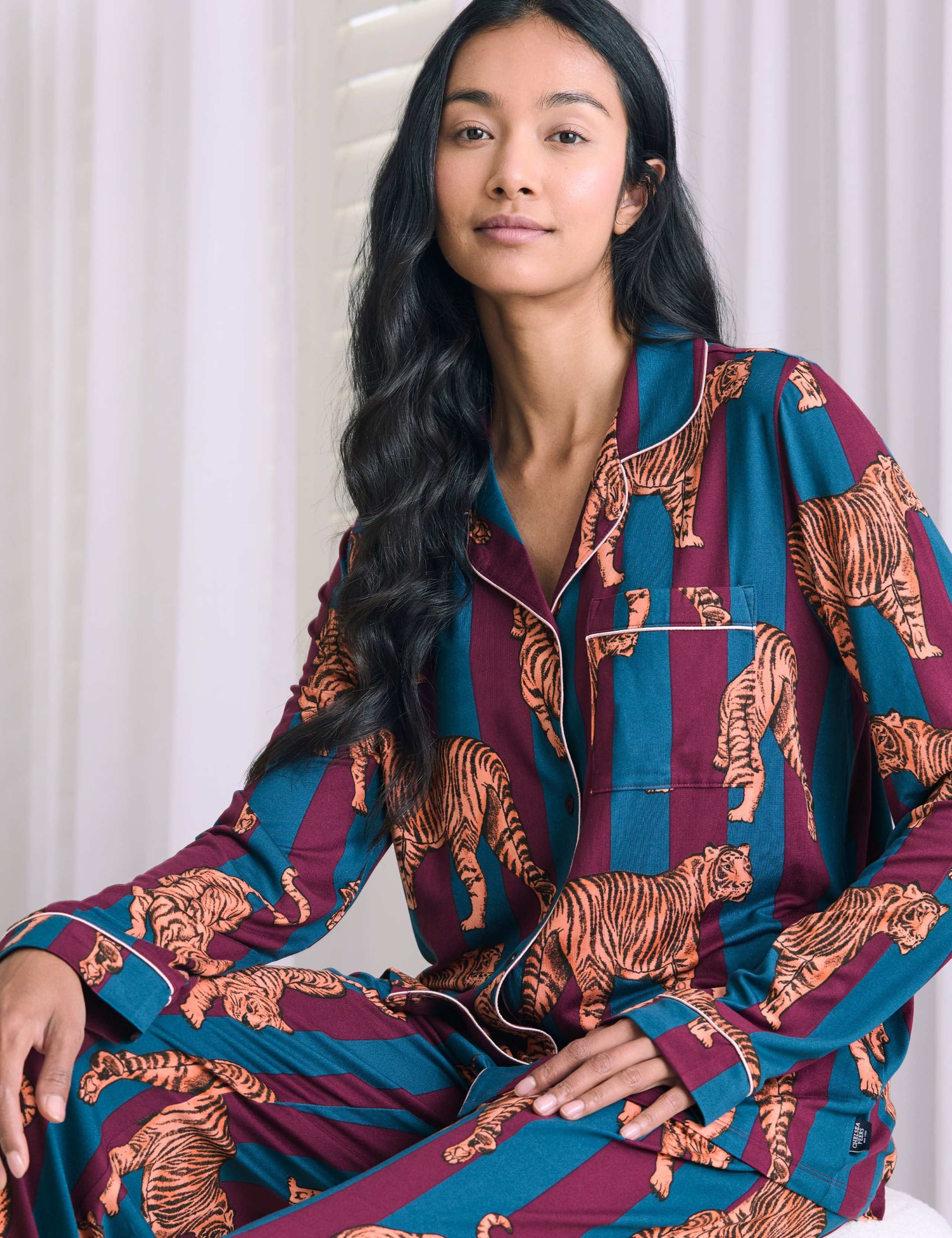 Piped Trim Tiger Print Striped Pyjama Set 4 of 6