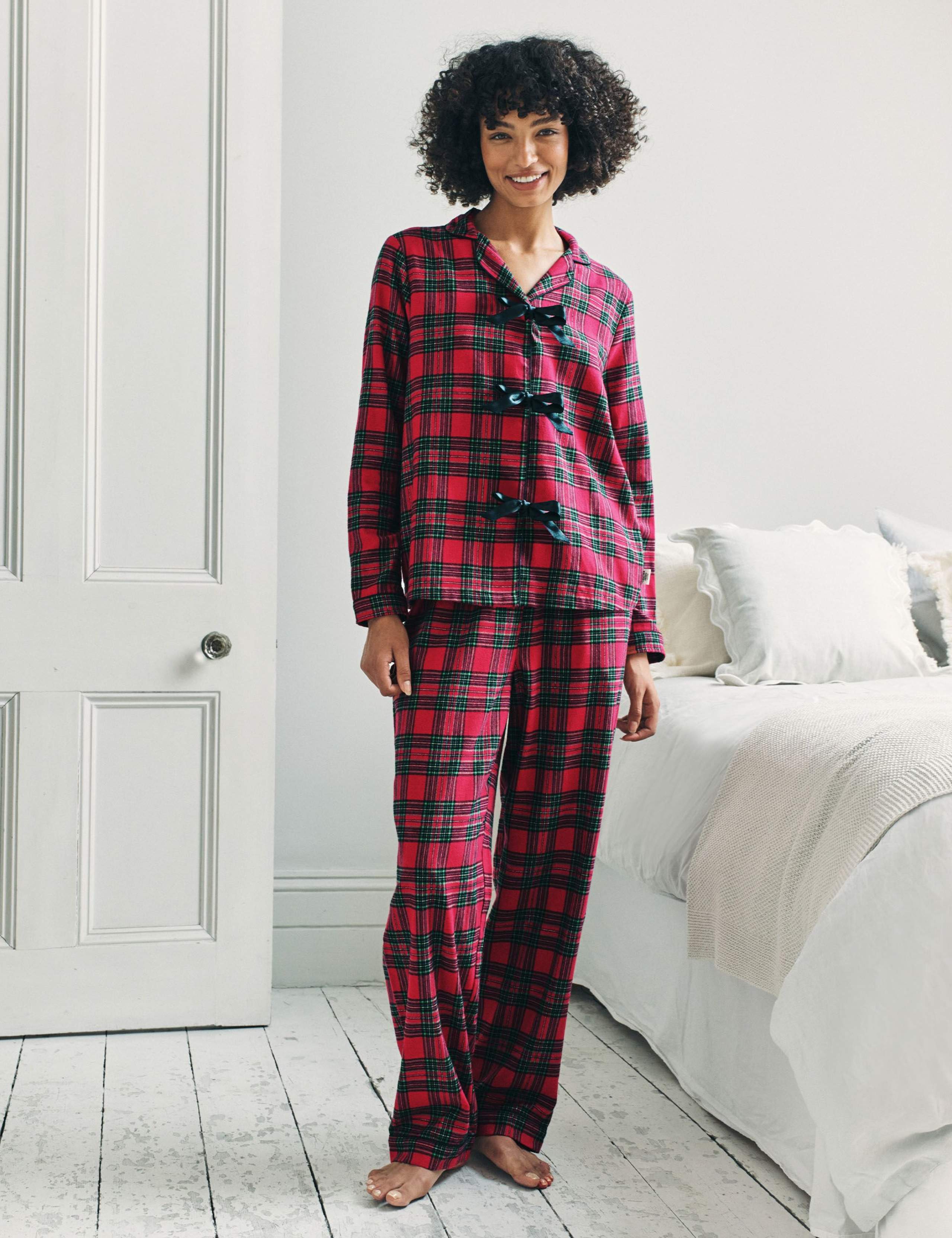 Pure Cotton Checked Bow Front Christmas Pyjama Set 1 of 7