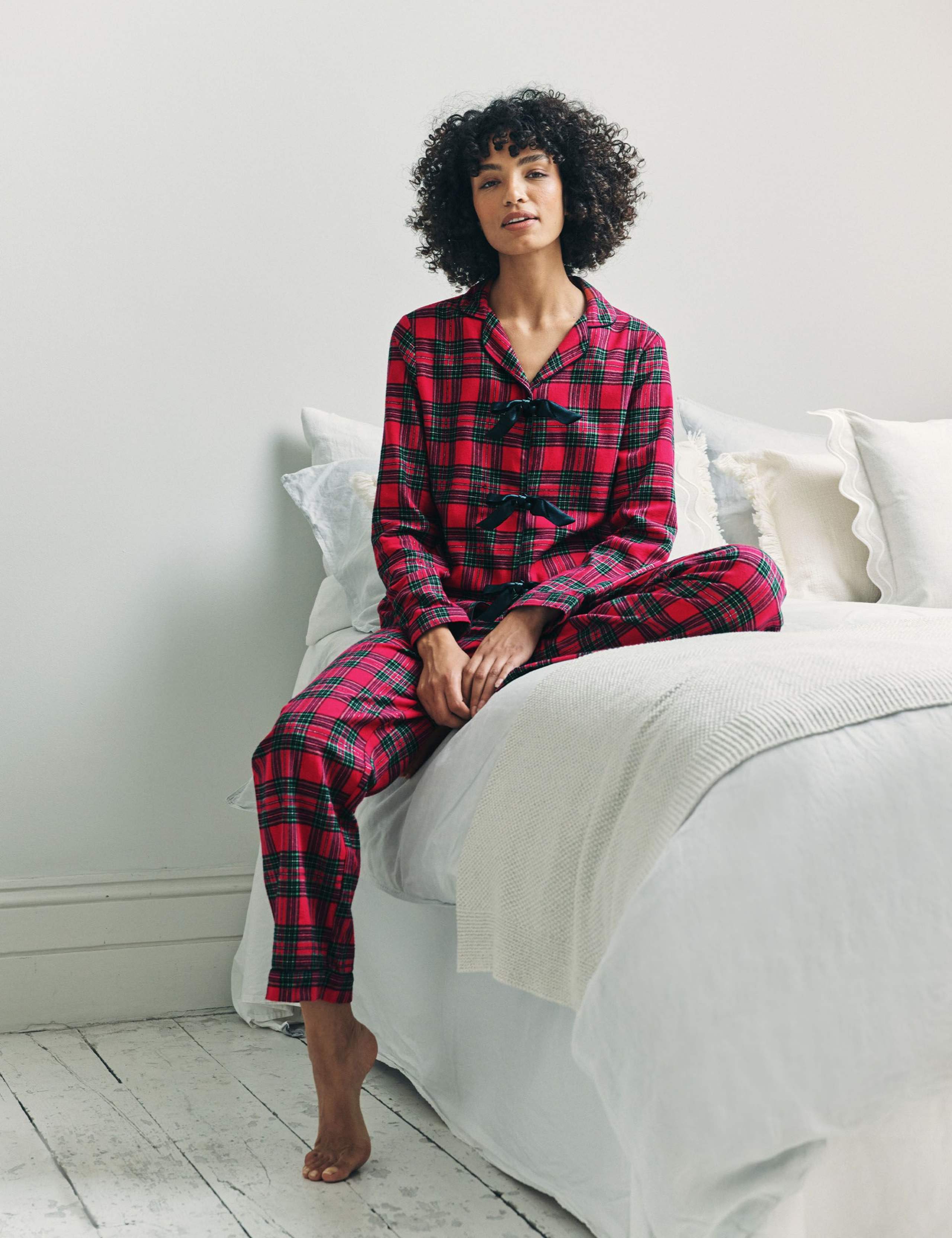 Pure Cotton Checked Bow Front Christmas Pyjama Set 3 of 7
