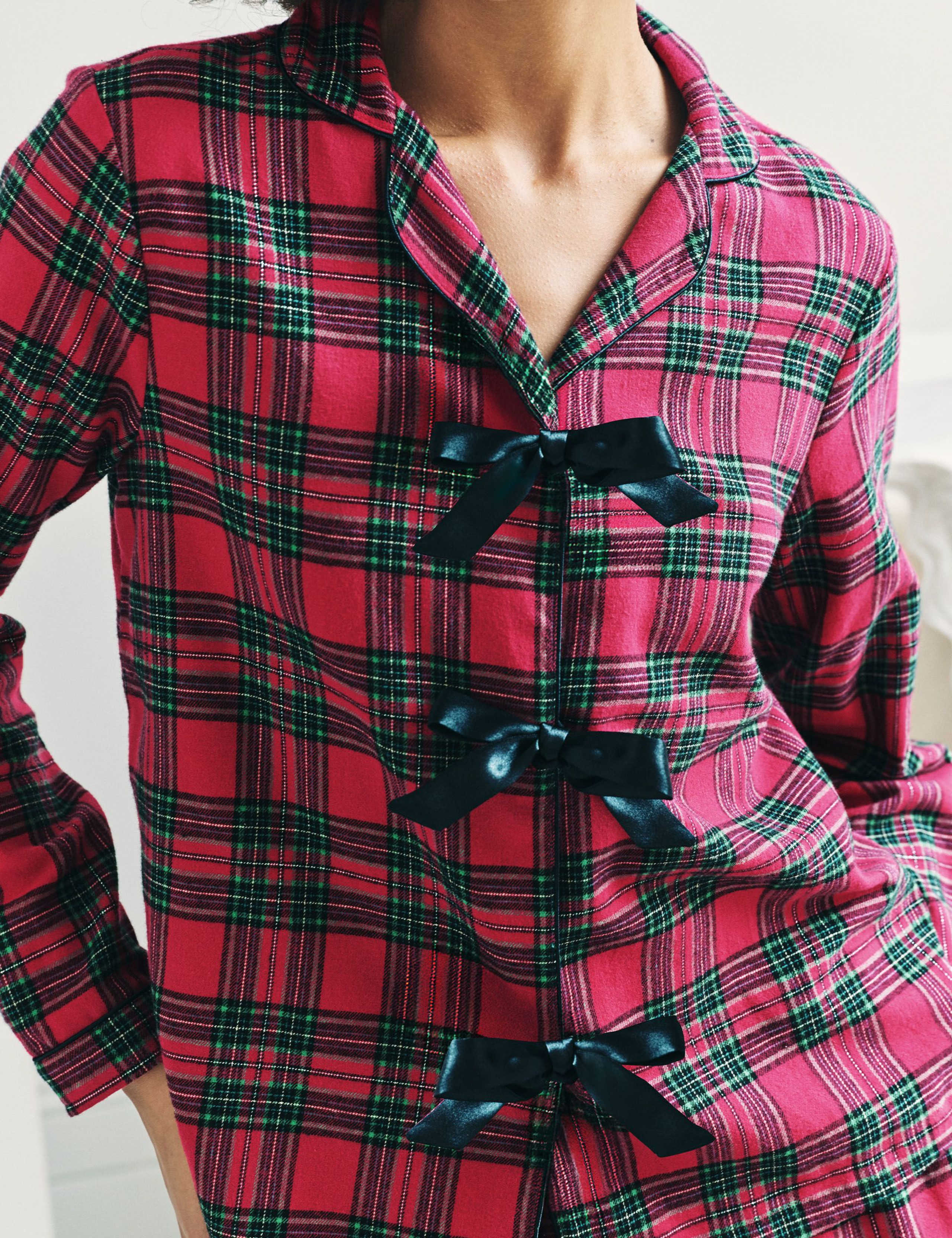 Pure Cotton Checked Bow Front Christmas Pyjama Set 5 of 7