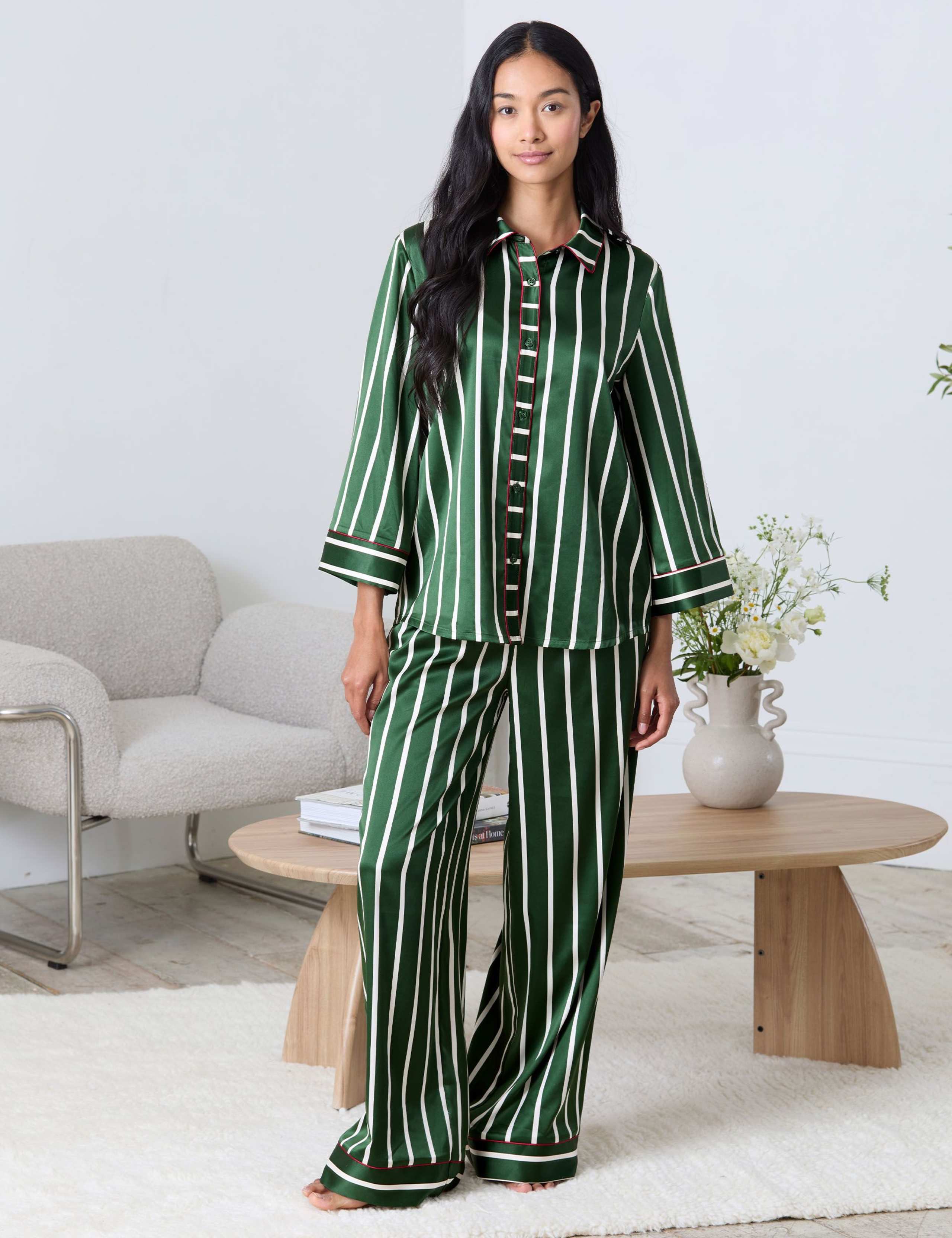 Wide Leg Satin Striped Pyjama Set 3 of 7