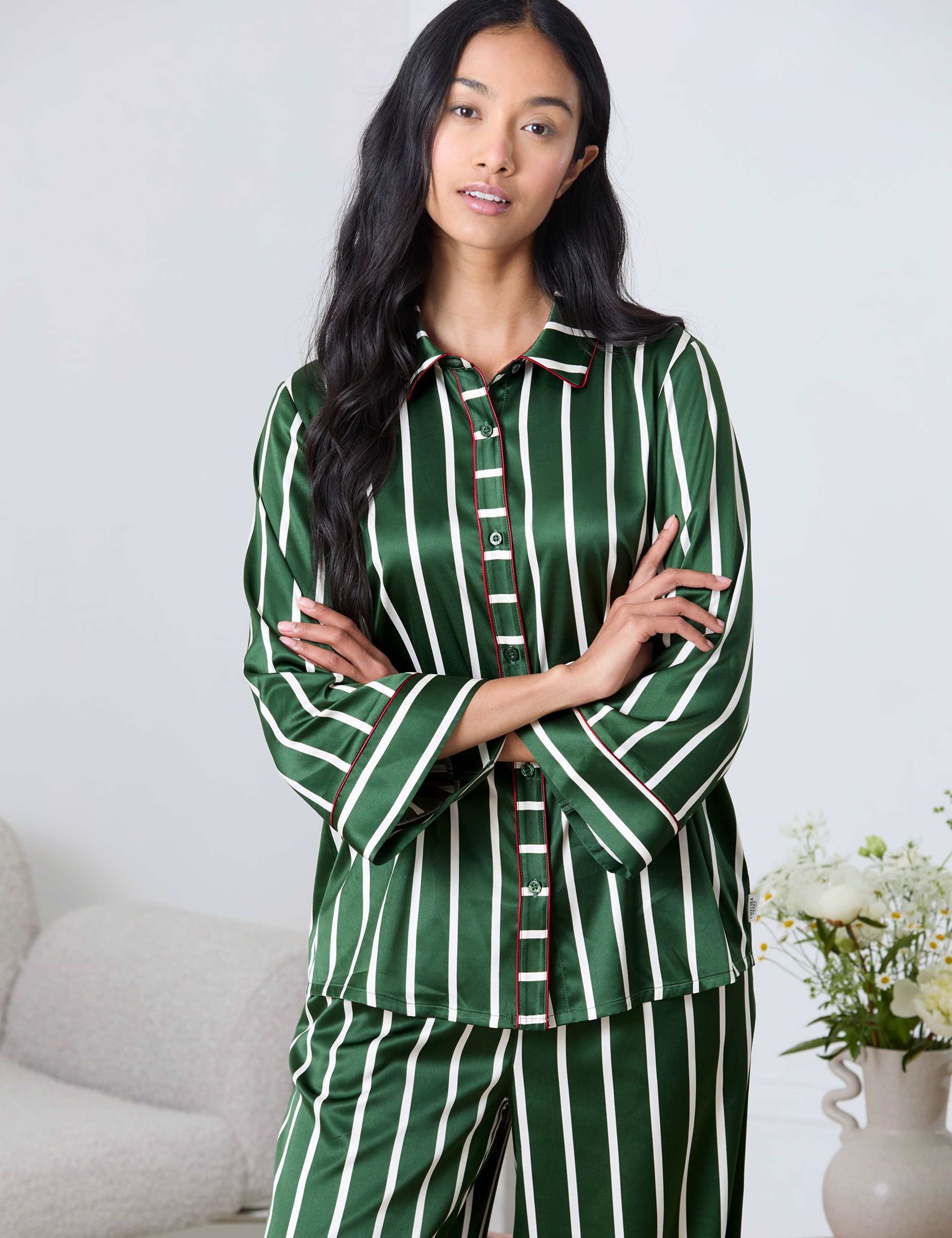 Wide Leg Satin Striped Pyjama Set 6 of 7