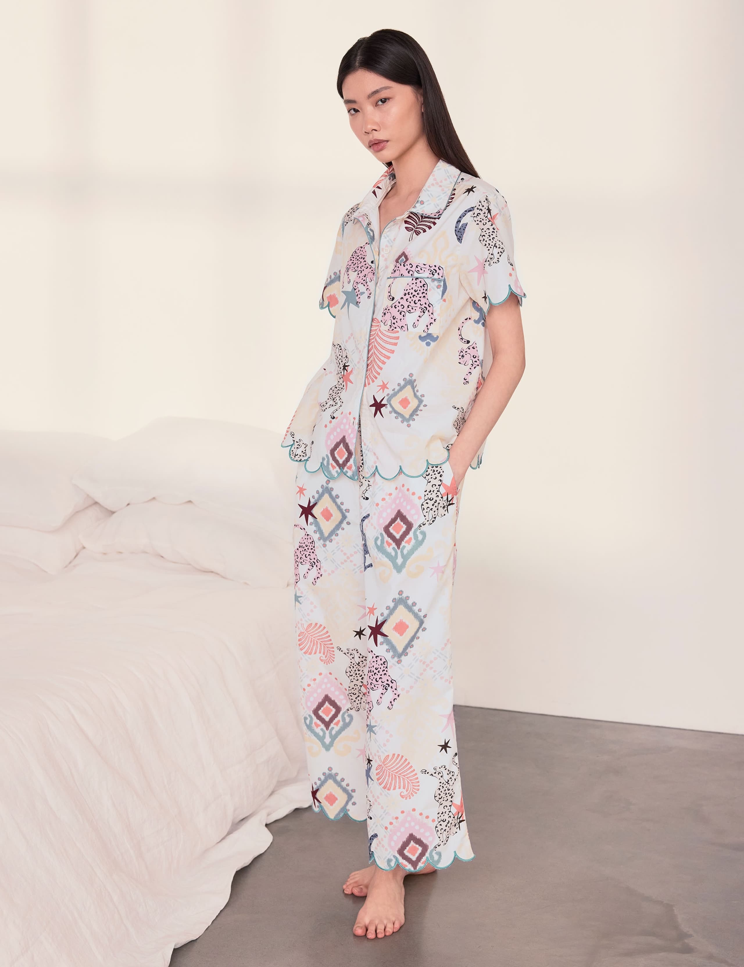 Pure Cotton Ikat Print Scallop Pyjama Set 2 of 6