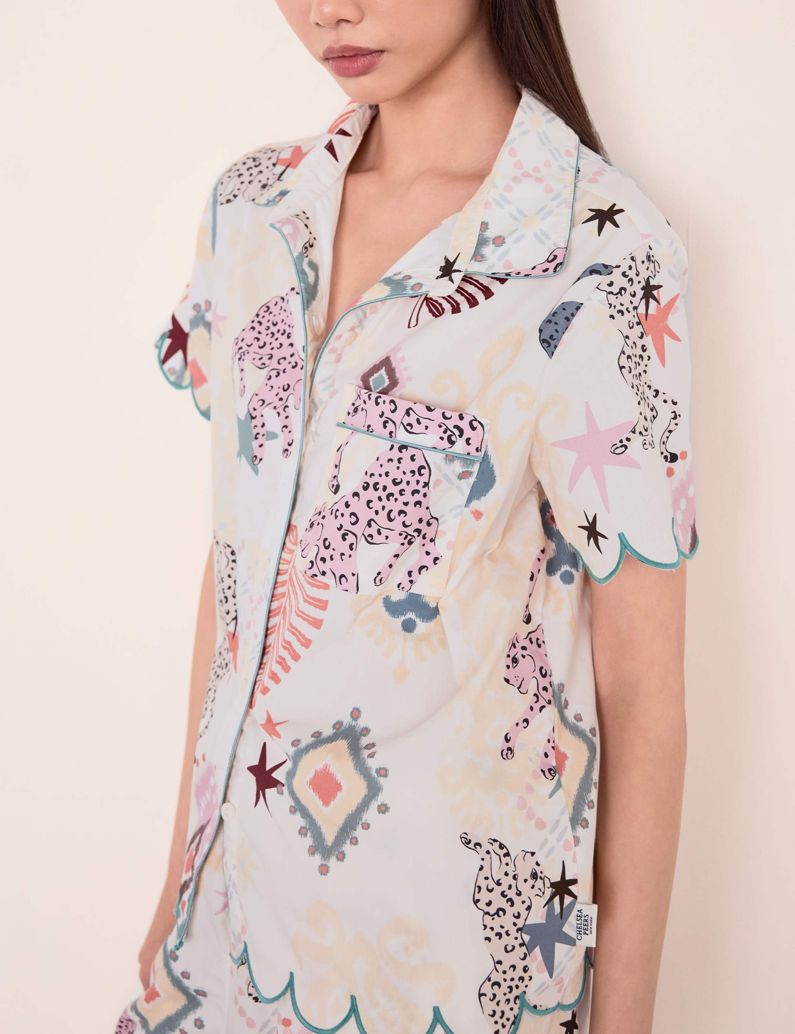 Pure Cotton Ikat Print Scallop Pyjama Set 3 of 6
