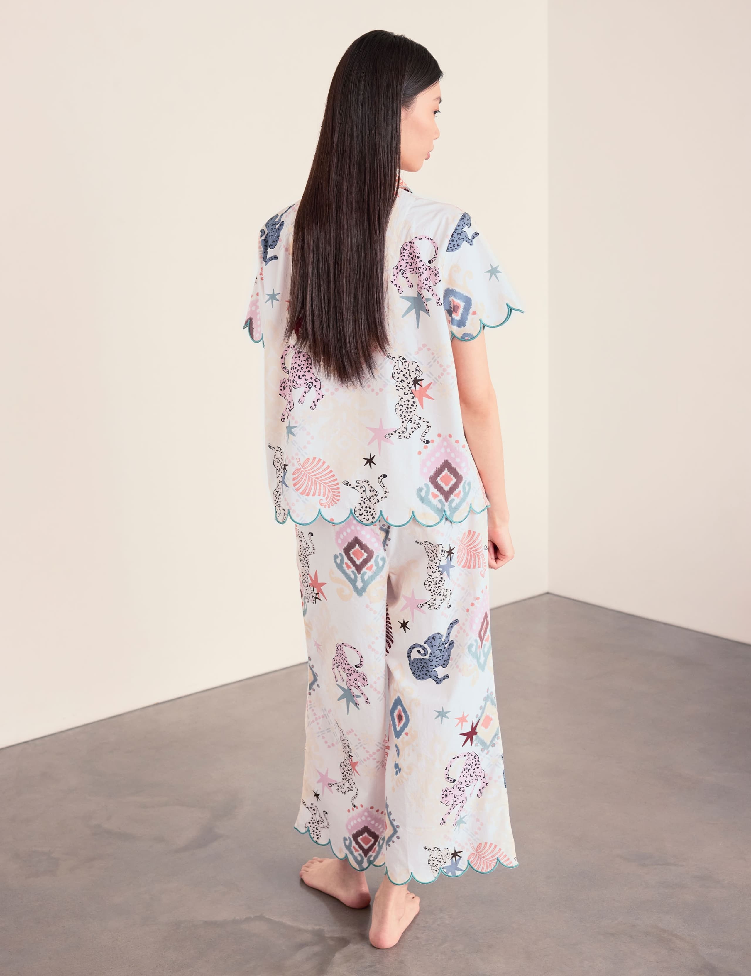 Pure Cotton Ikat Print Scallop Pyjama Set 4 of 6