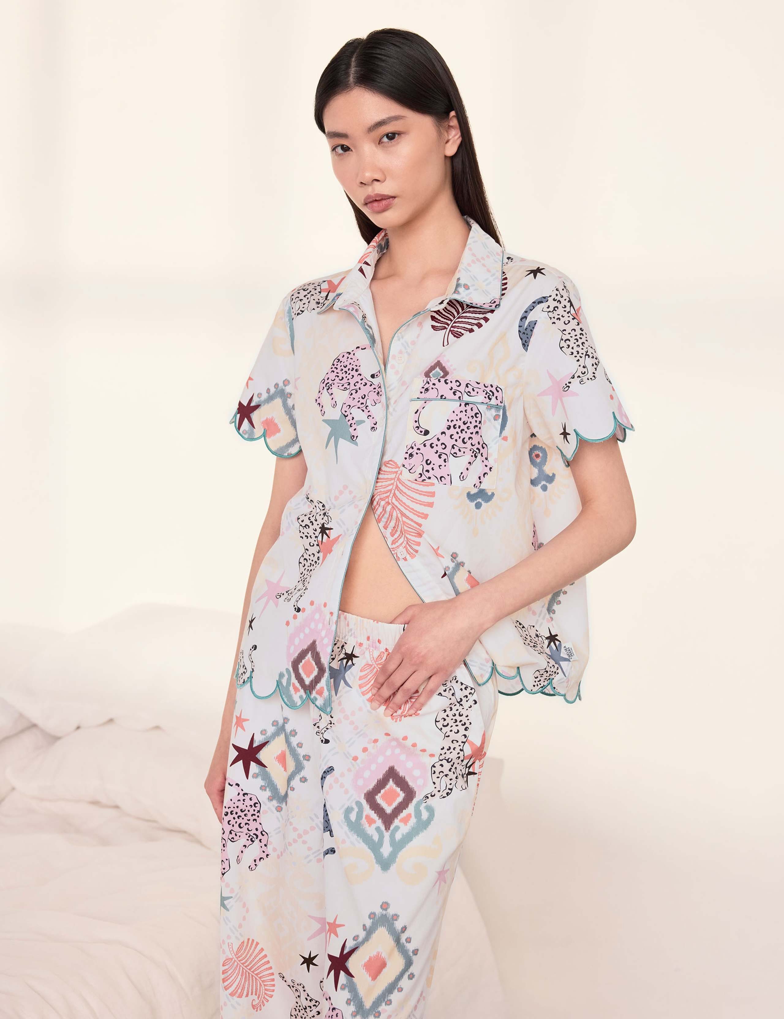 Pure Cotton Ikat Print Scallop Pyjama Set 6 of 6