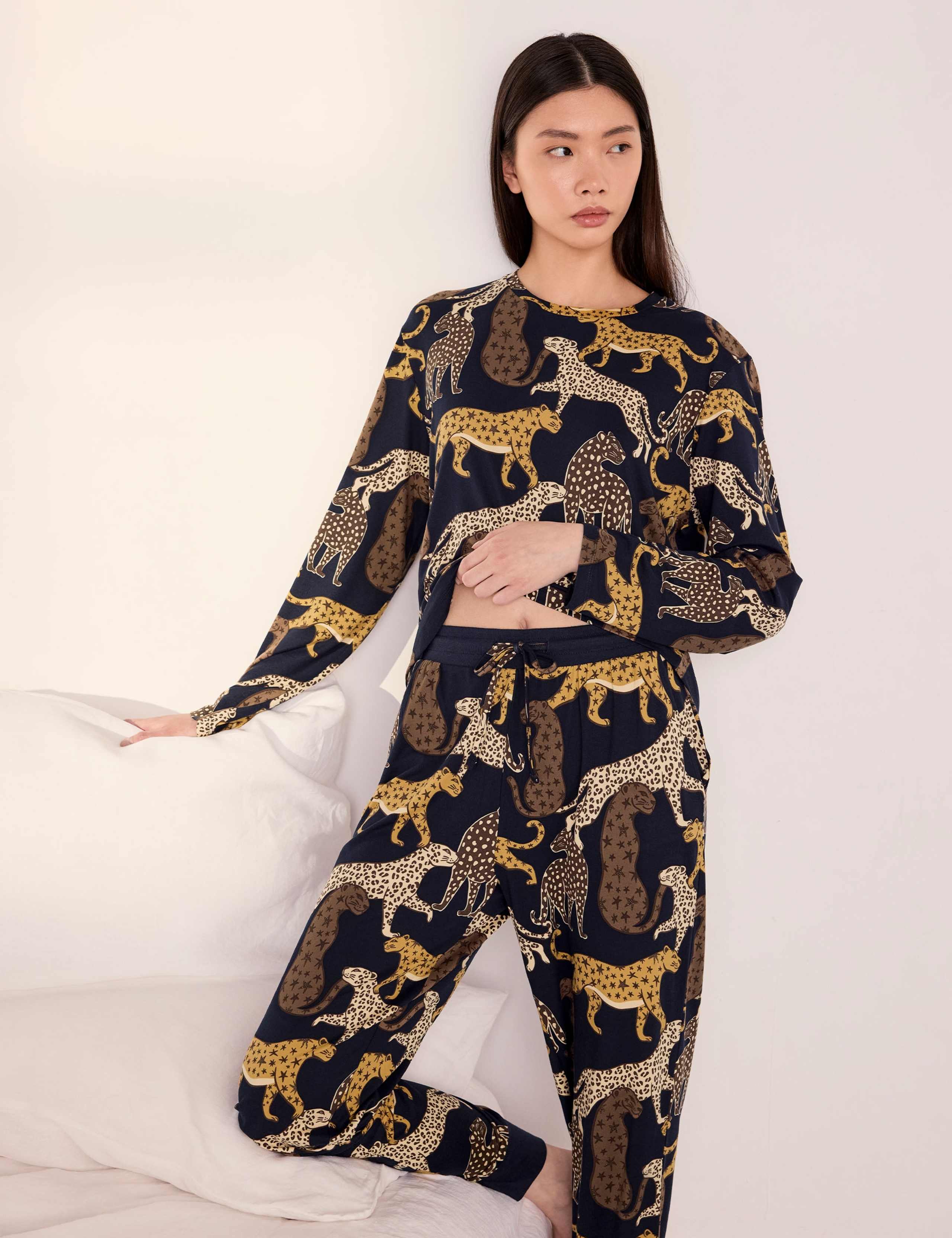 Jersey Leopard Print Cuffed Pyjama Set 4 of 6