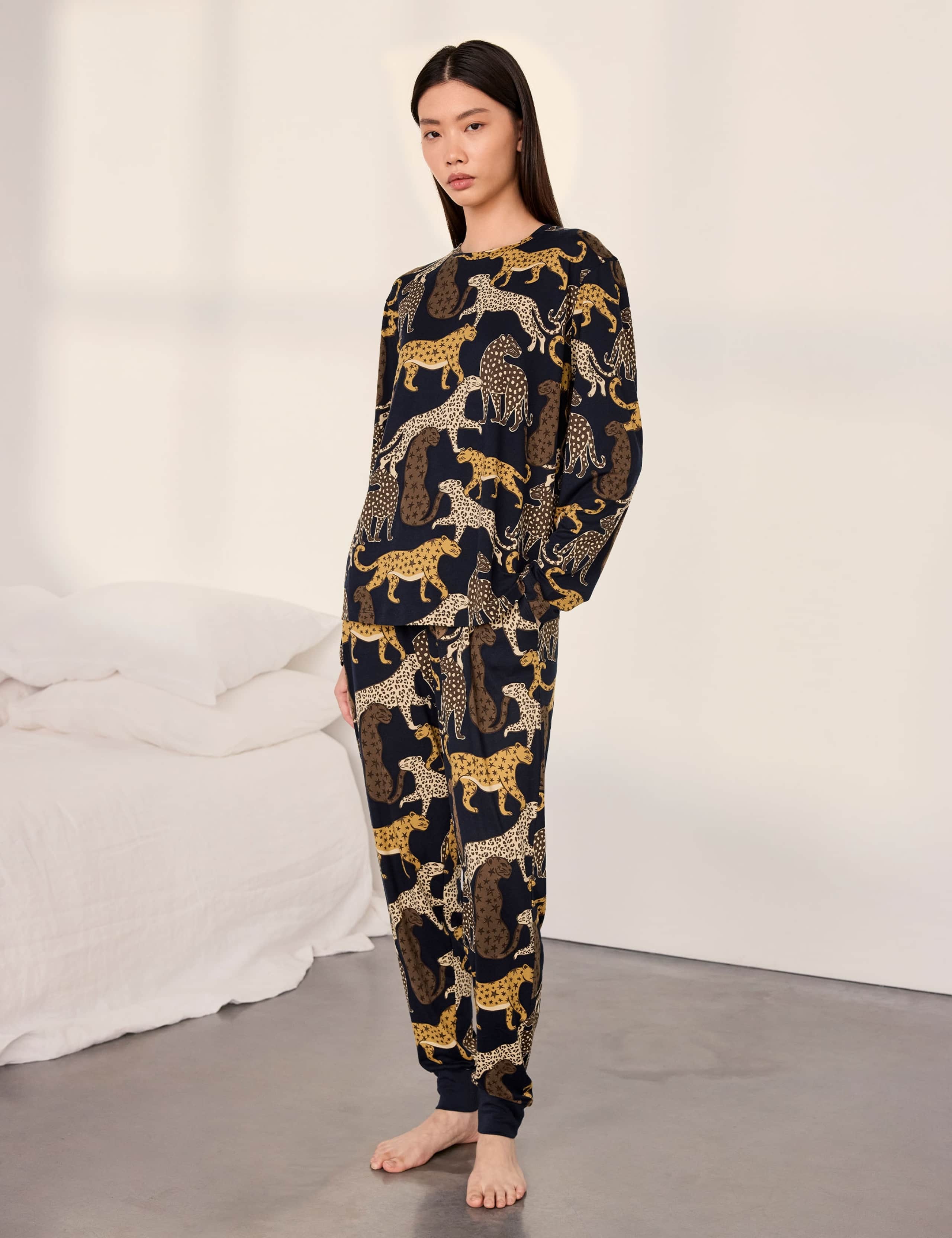 Jersey Leopard Print Cuffed Pyjama Set 6 of 6