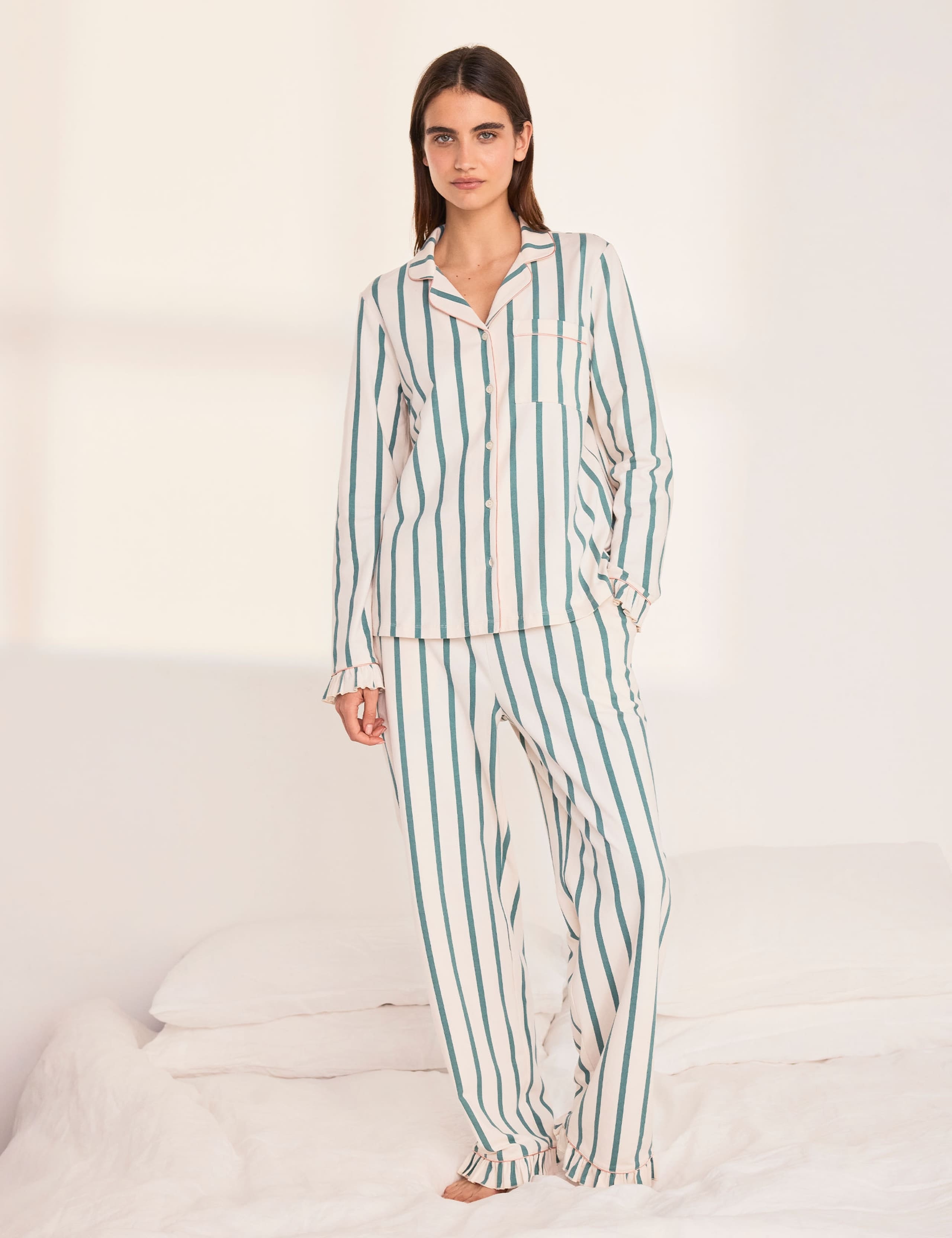 Cotton Rich Striped Ruffle Edge Pyjama Set 1 of 6