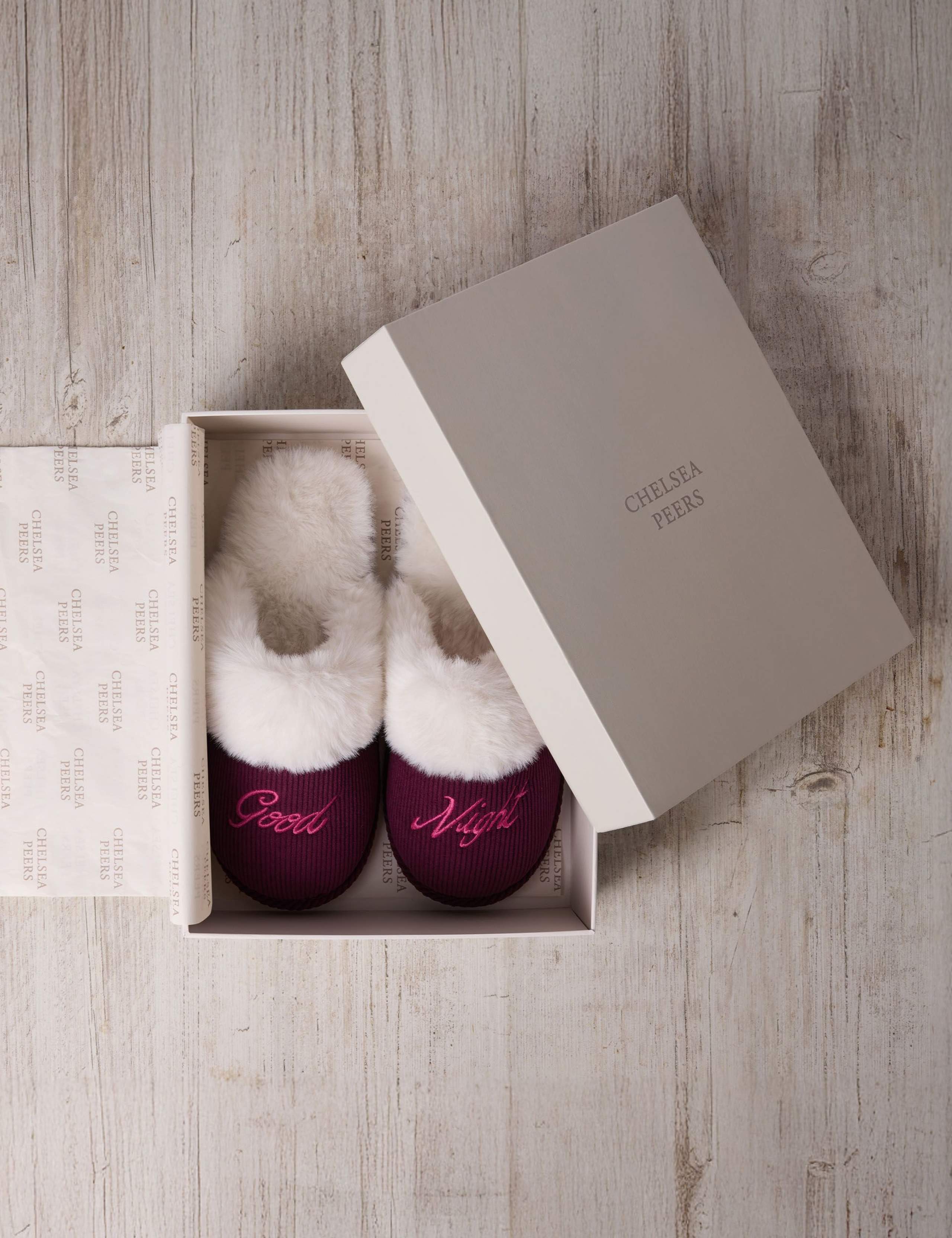 Faux Fur Lined Embroidered Good Night Mule Slippers 1 of 5