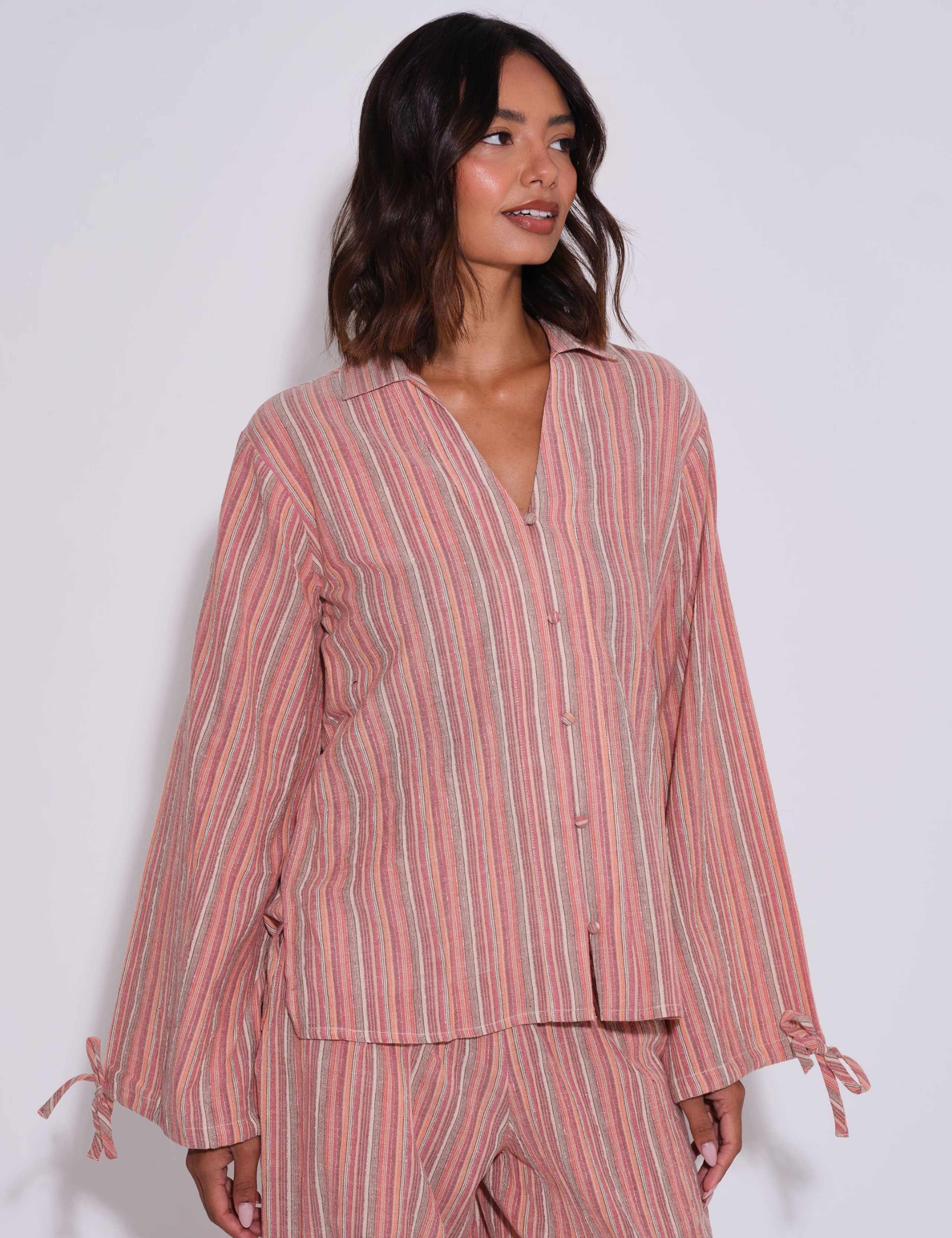 Cotton Rich Striped Wide Sleeve Beach Shirt 1 of 6