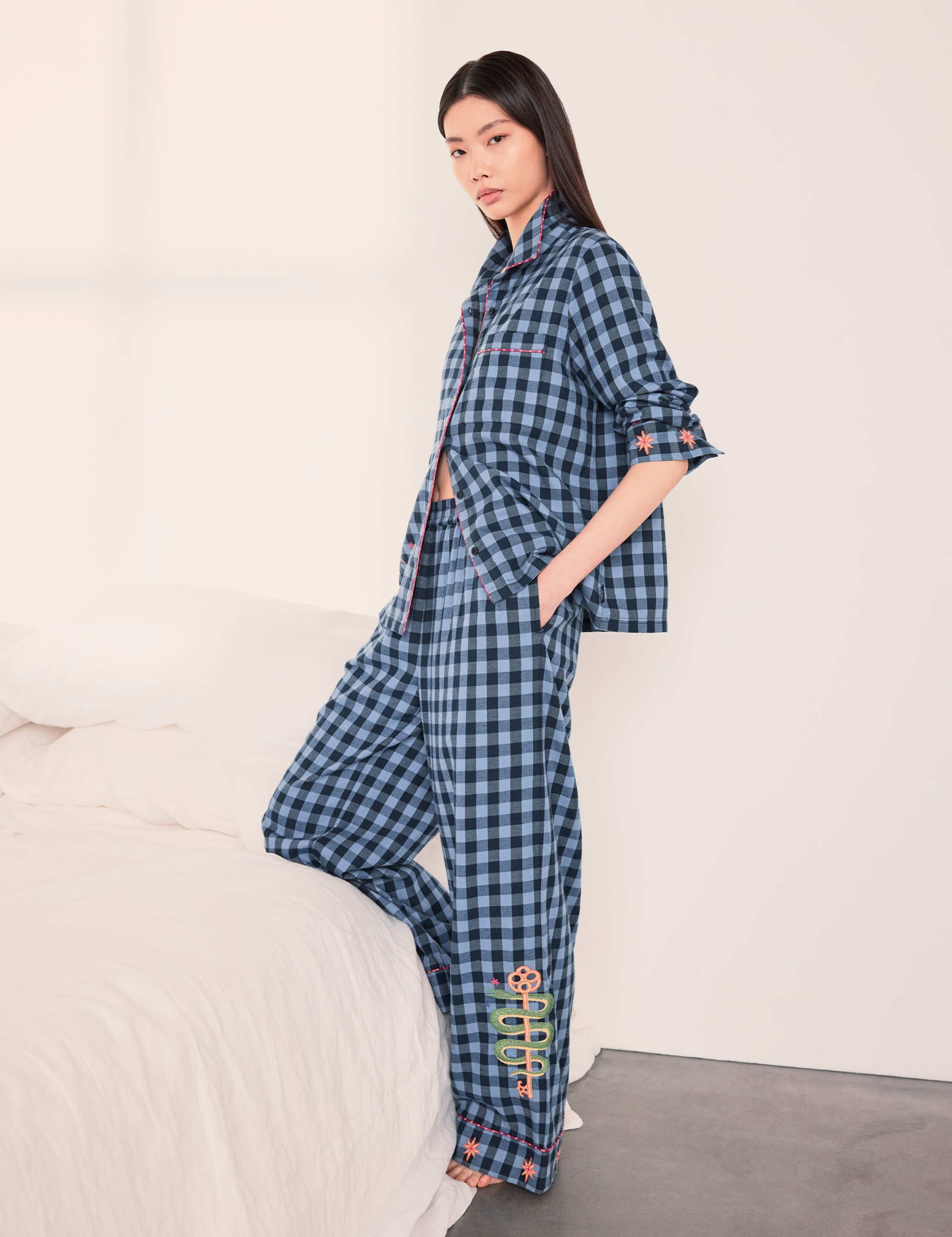 Pure Cotton Dragon Embroidery Checked Pyjama Set 3 of 6