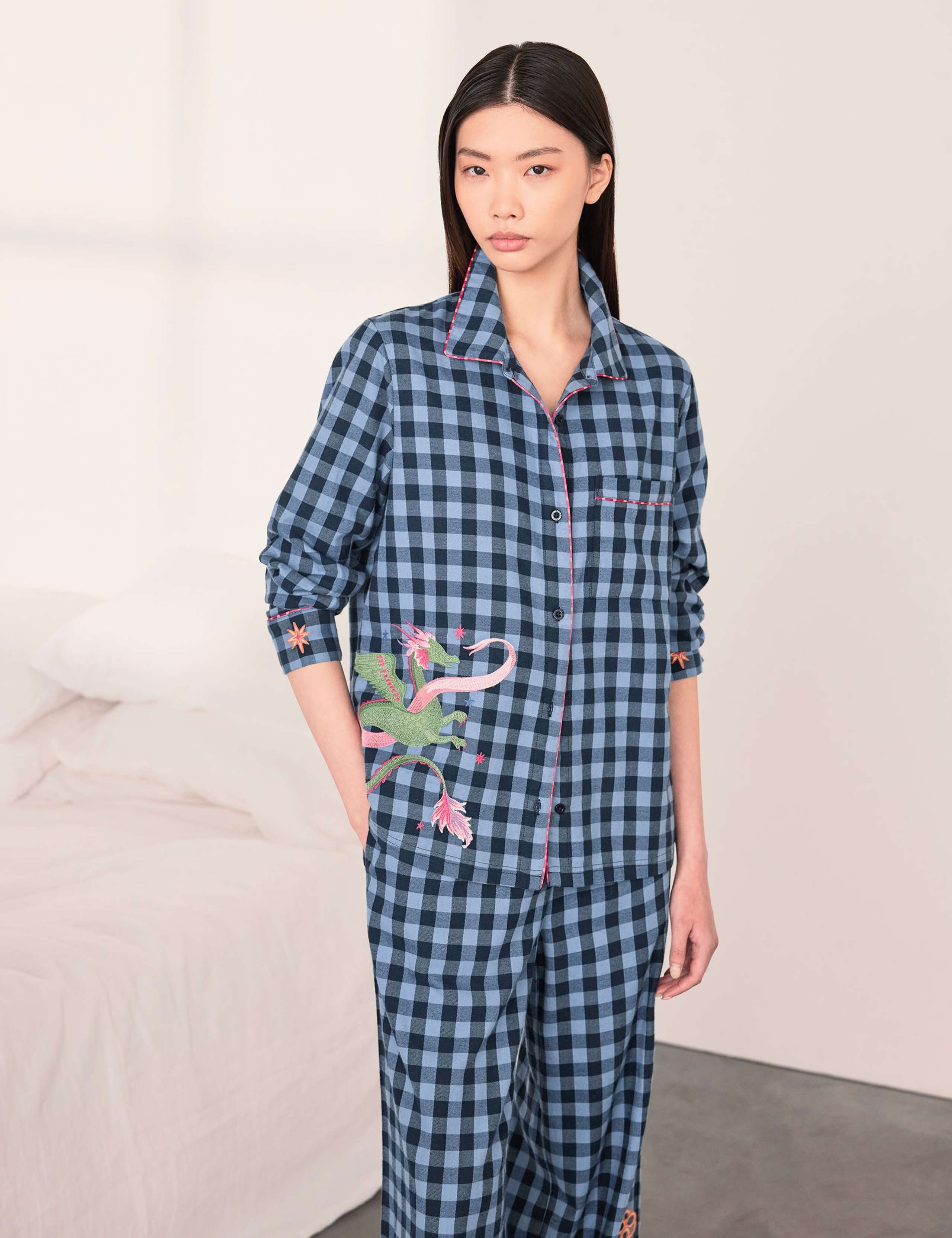 Pure Cotton Dragon Embroidery Checked Pyjama Set 4 of 6