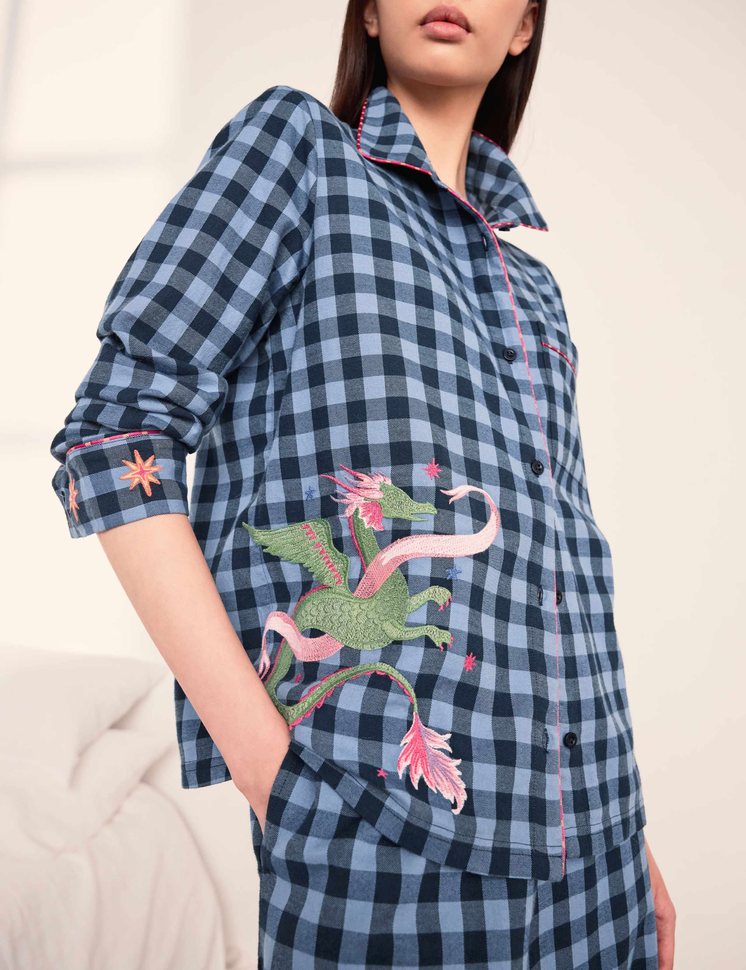 Pure Cotton Dragon Embroidery Checked Pyjama Set 6 of 6