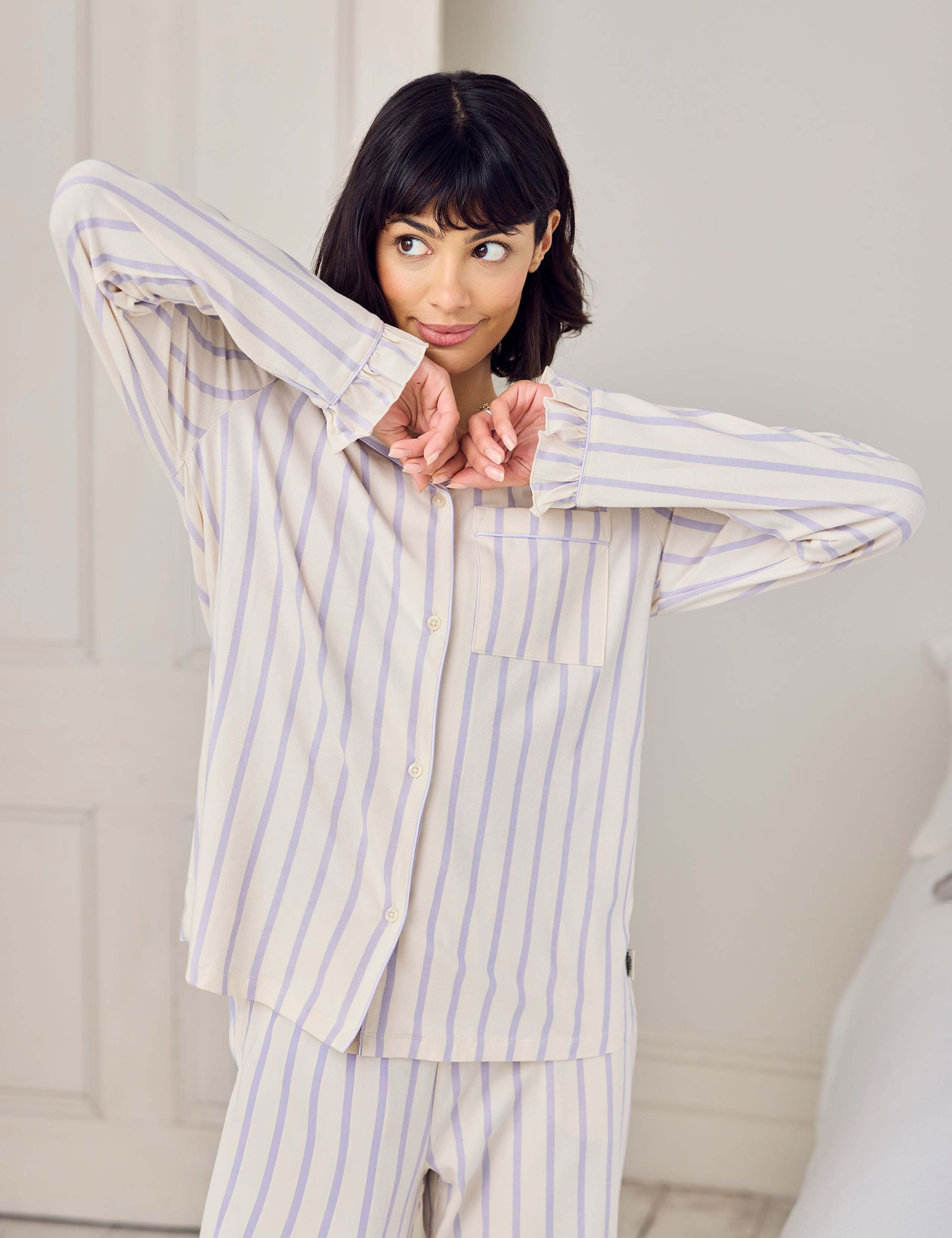 Cotton Rich Striped Ruffle Cuff Pyjama Set 1 of 6