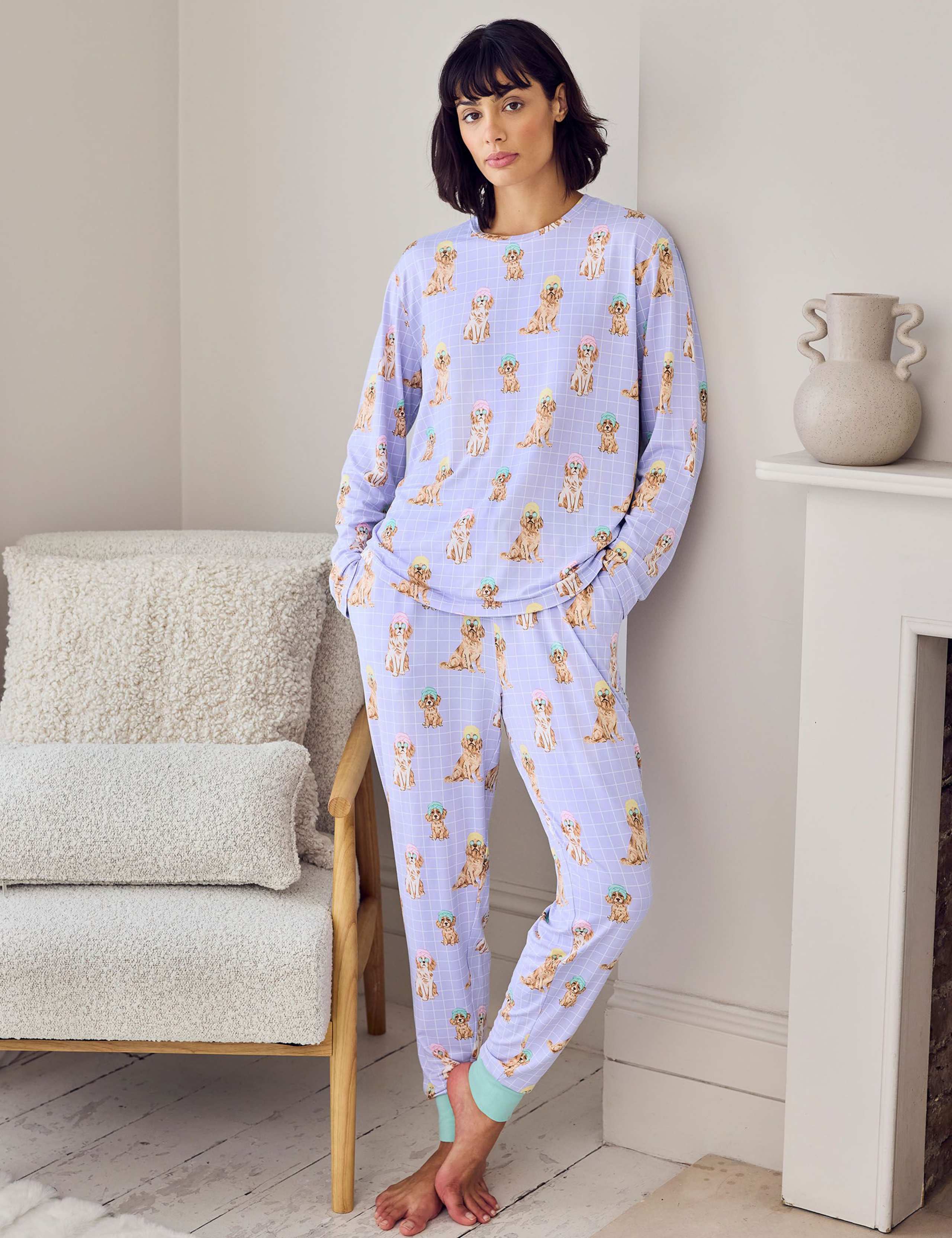 Petite Dog Print Crew Neck Pyjama Set 1 of 6