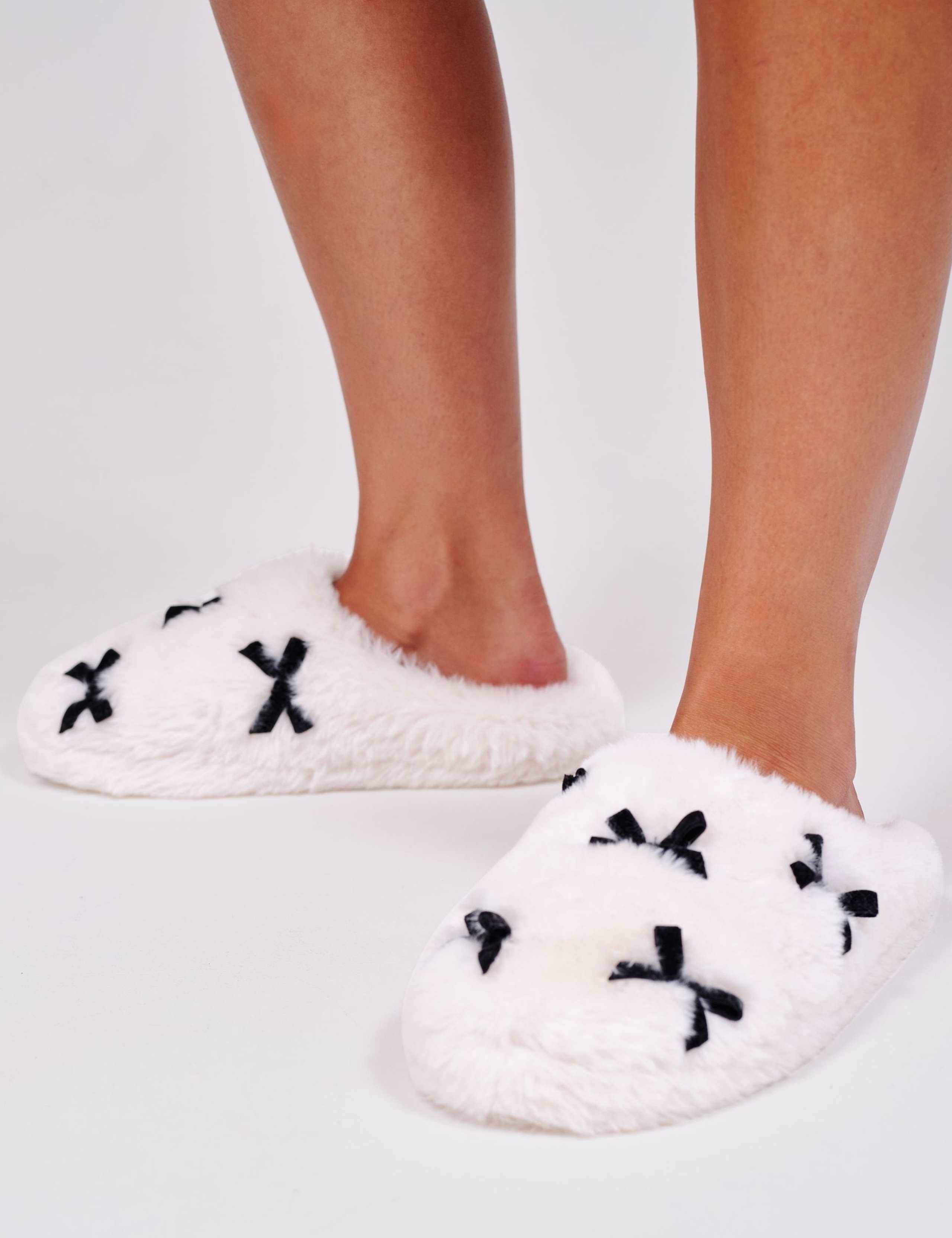 Monochrome Faux Fur Bow Mule Slippers 1 of 4