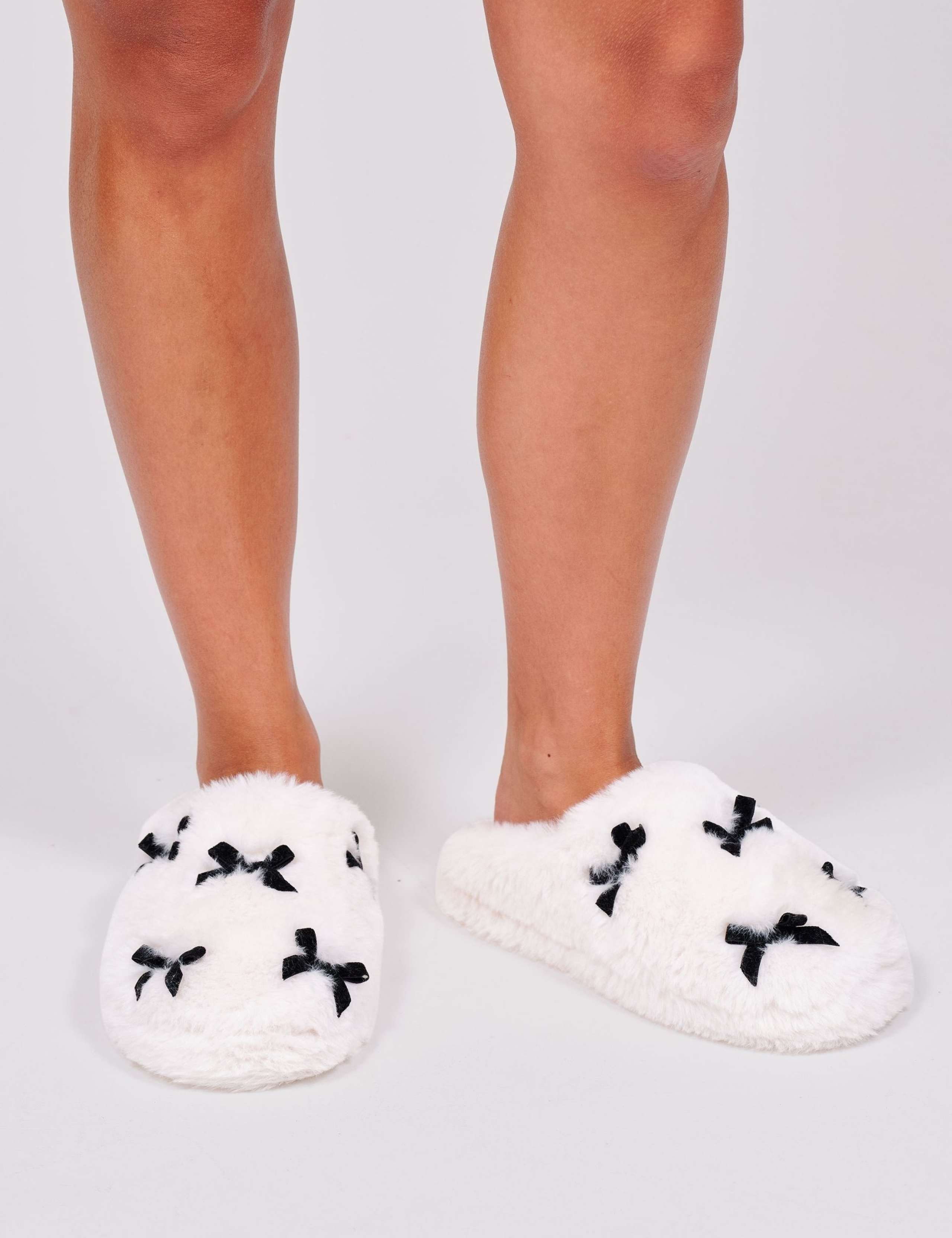 Monochrome Faux Fur Bow Mule Slippers 2 of 4