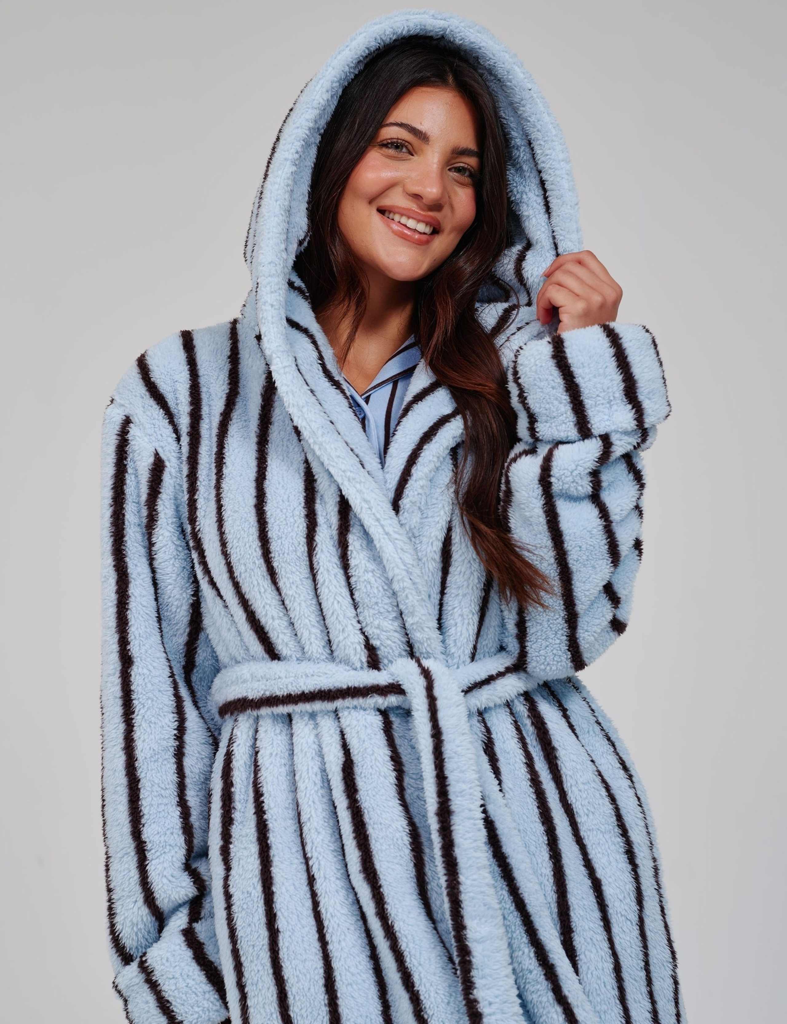 Pinstripe Fleece Hooded Dressing Gown 4 of 6