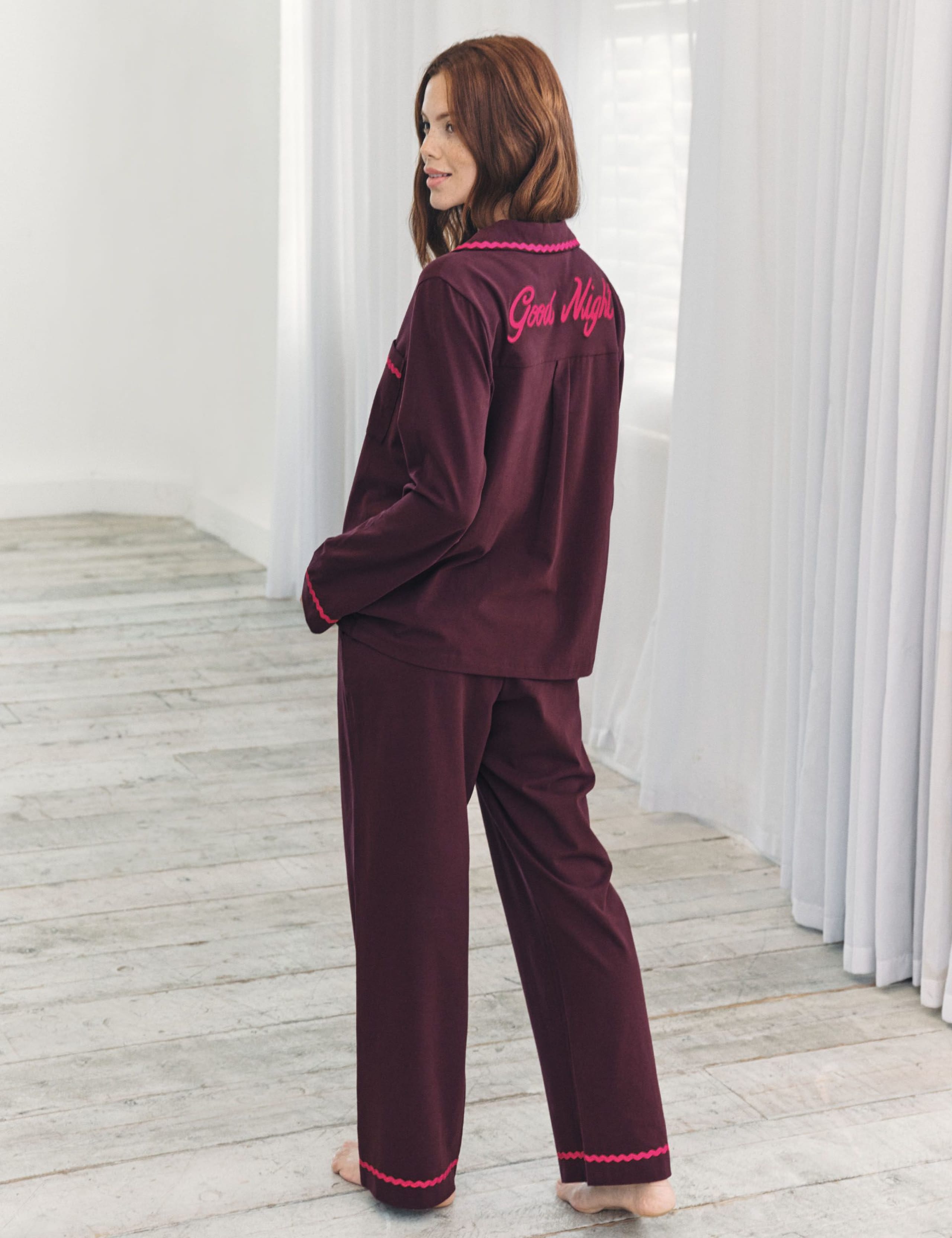 Cotton Rich Embroidered Good Night Pyjama Set 3 of 7