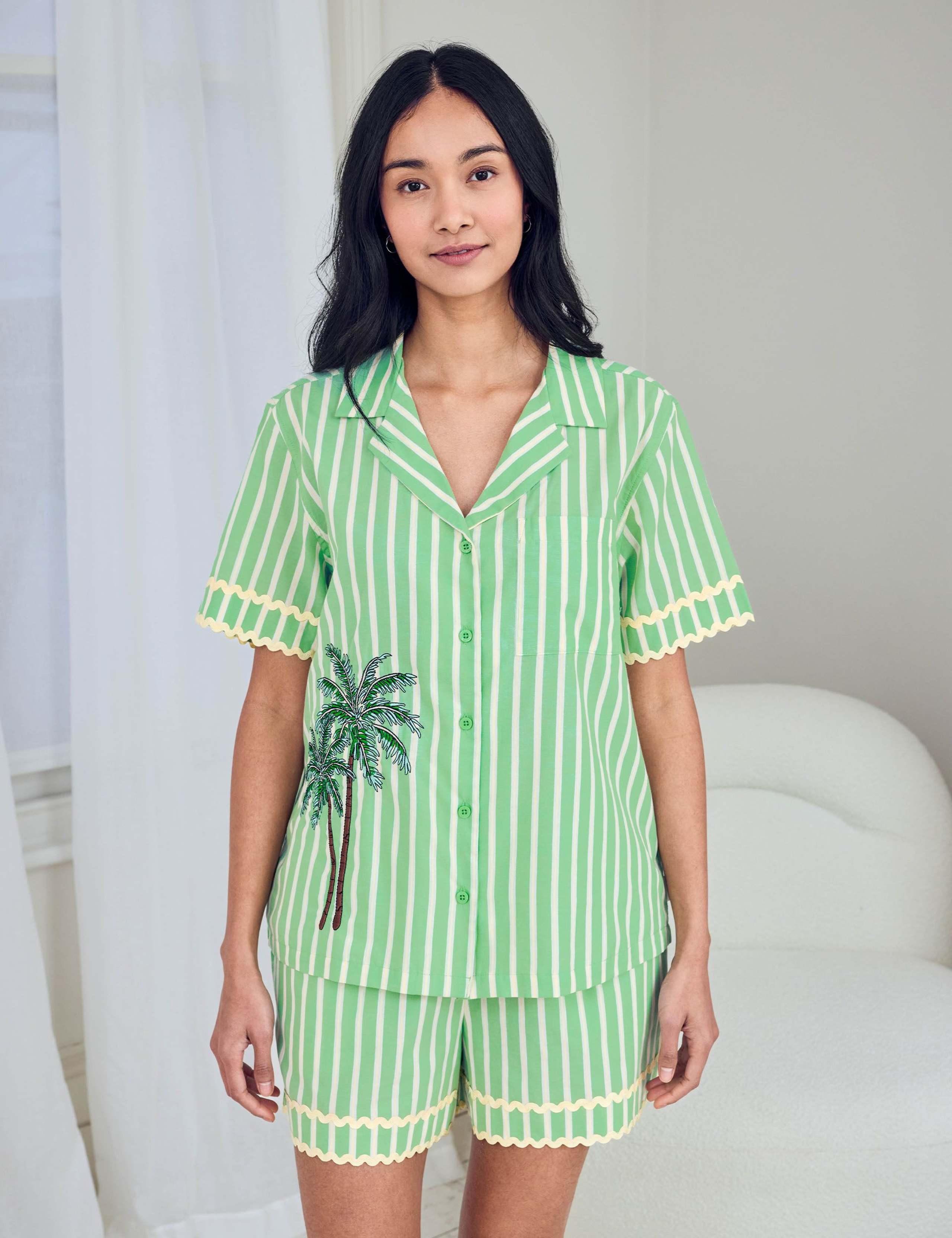 Cotton Rich Embroidered Tropical Palm Stripe Short Pyjama Set 3 of 6