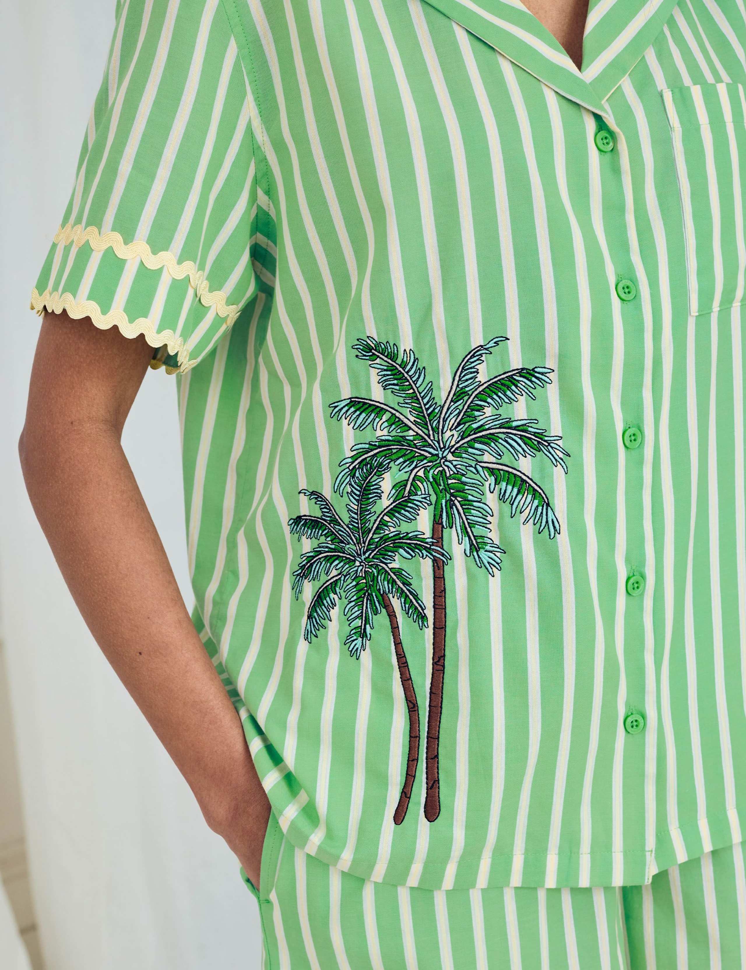 Cotton Rich Embroidered Tropical Palm Stripe Short Pyjama Set 4 of 6
