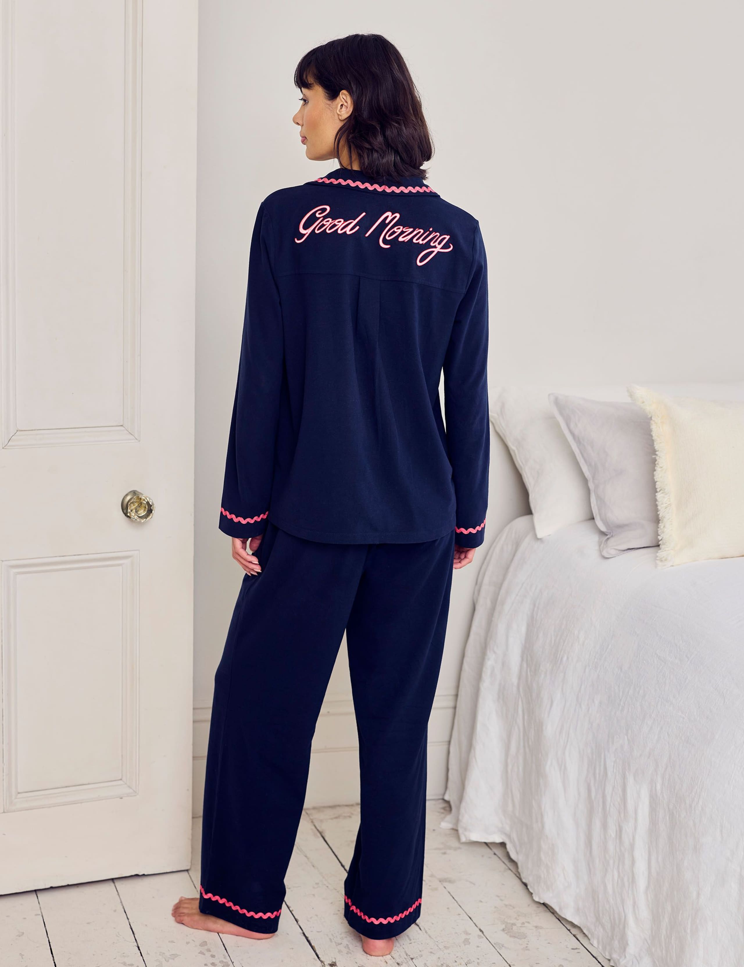 Pure Cotton Good Morning Embroidered Pyjama Set 1 of 6