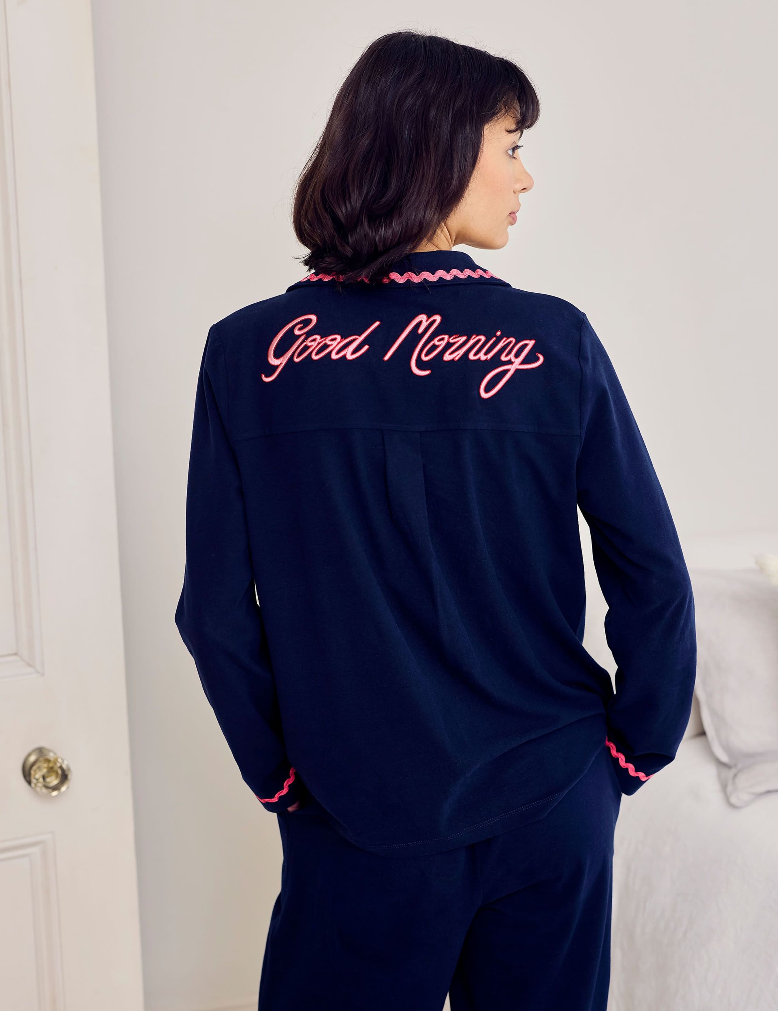 Pure Cotton Good Morning Embroidered Pyjama Set 4 of 6