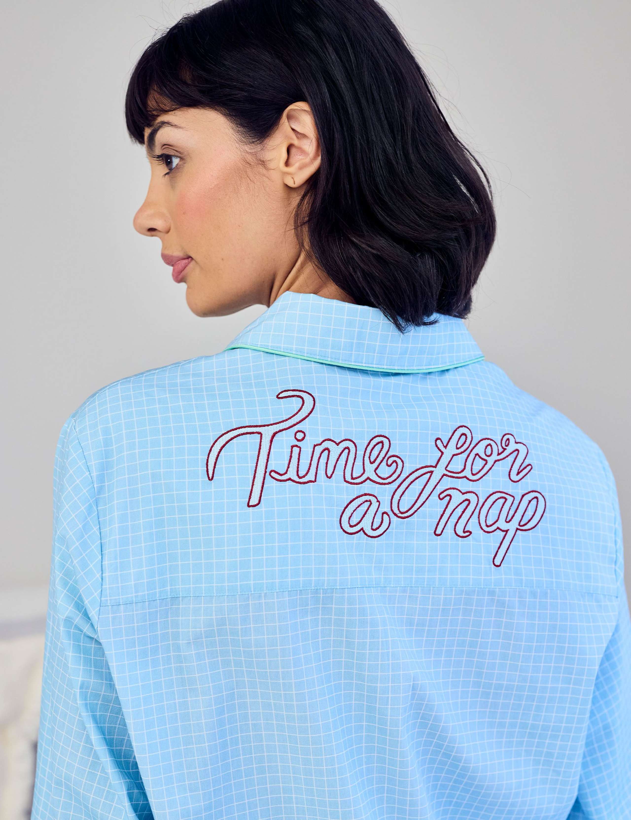 Pure Cotton Embroidered Check 'Time for a Nap' Short Pyjama Set 3 of 5