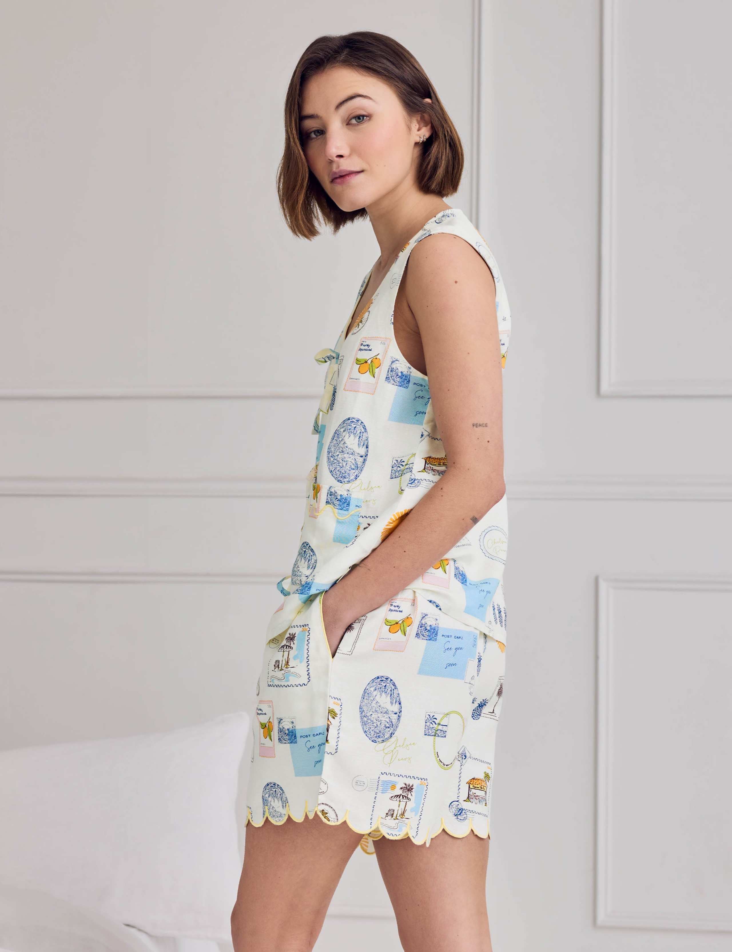 Linen Rich Holiday Print Tie Front Shortie Set 5 of 9