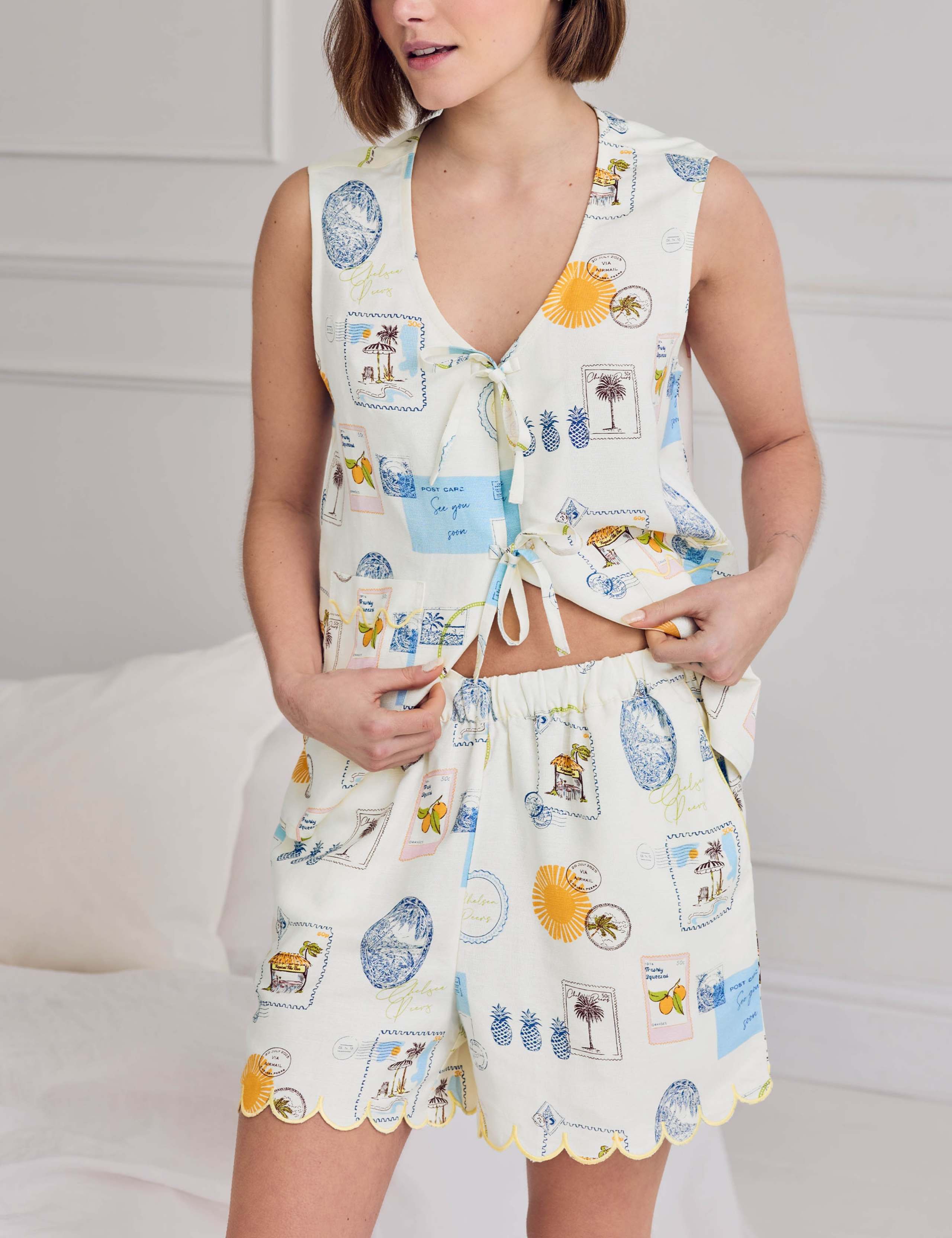 Linen Rich Holiday Print Tie Front Shortie Set 6 of 9