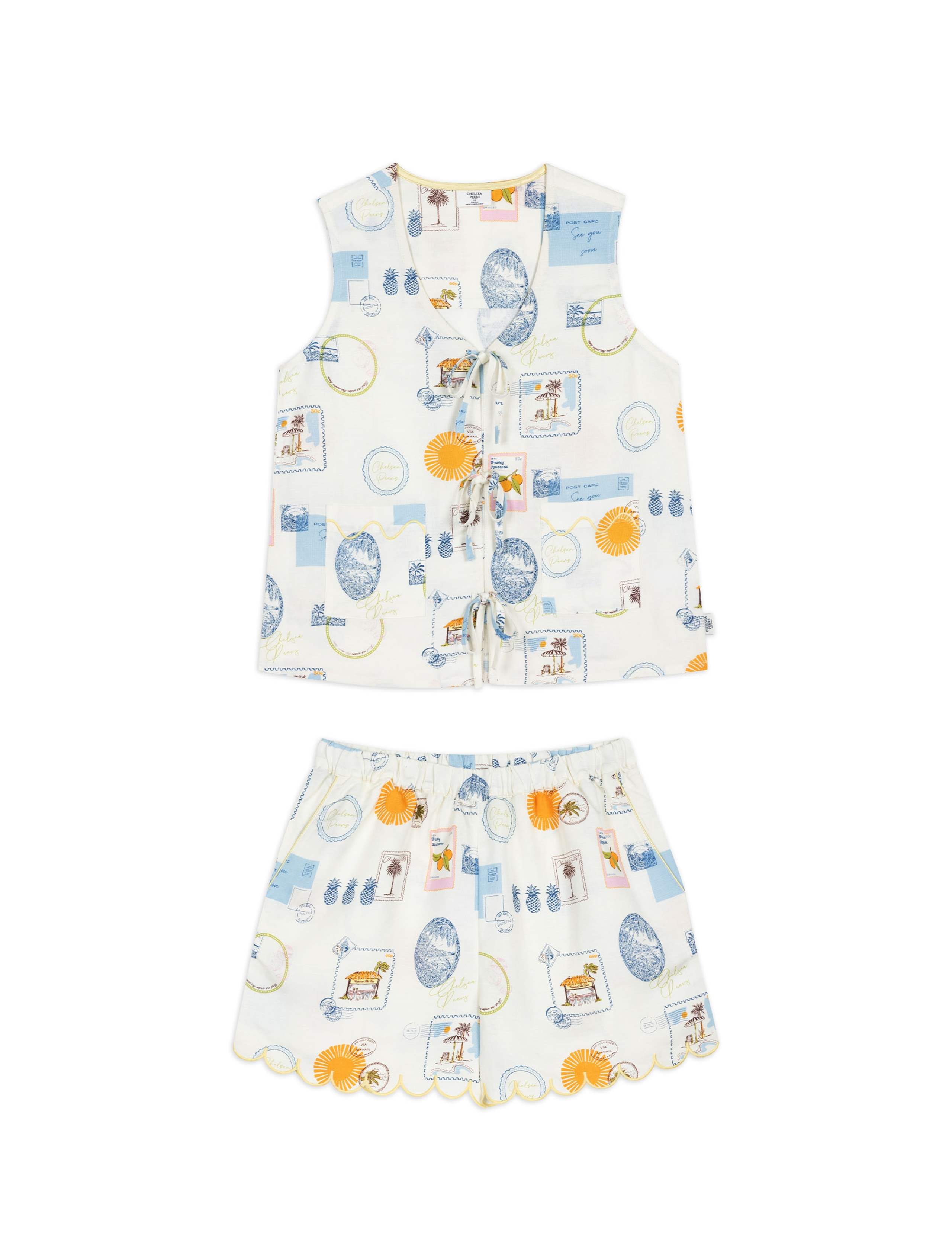 Linen Rich Holiday Print Tie Front Shortie Set 2 of 9