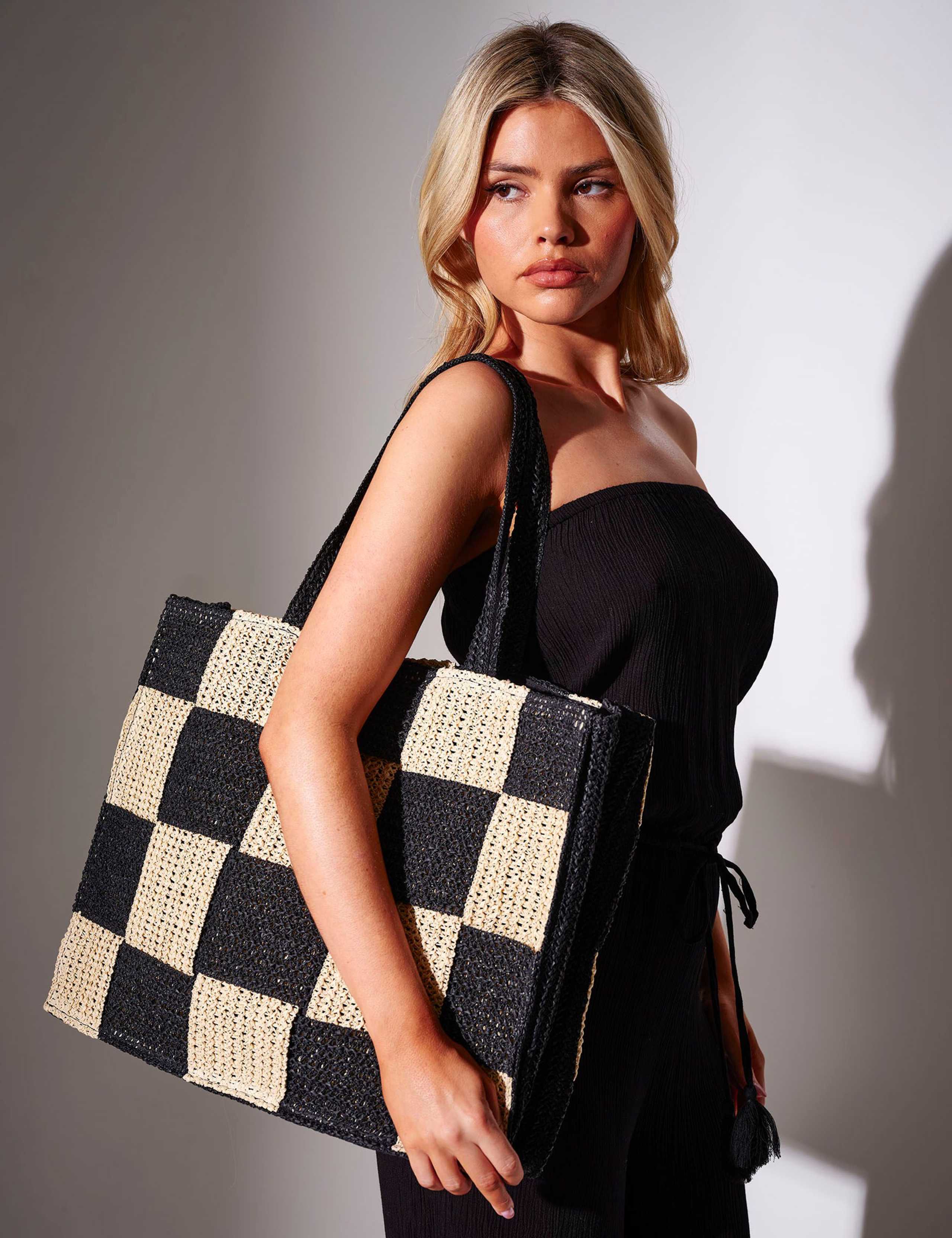 Straw Woven Checked Tote Bag & Purse 2 of 5