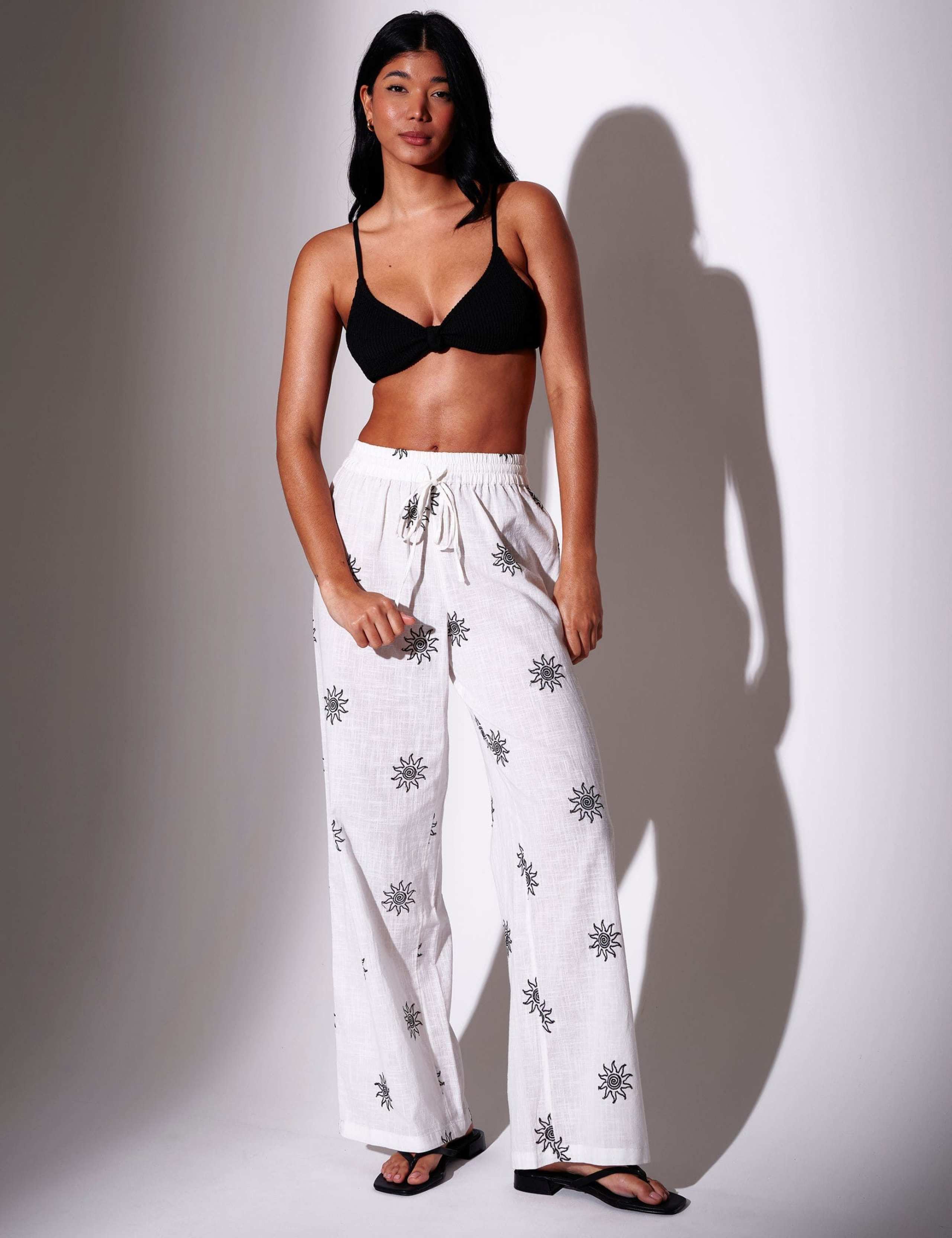 Pure Cotton Embroidered Wide Leg Trousers 1 of 5