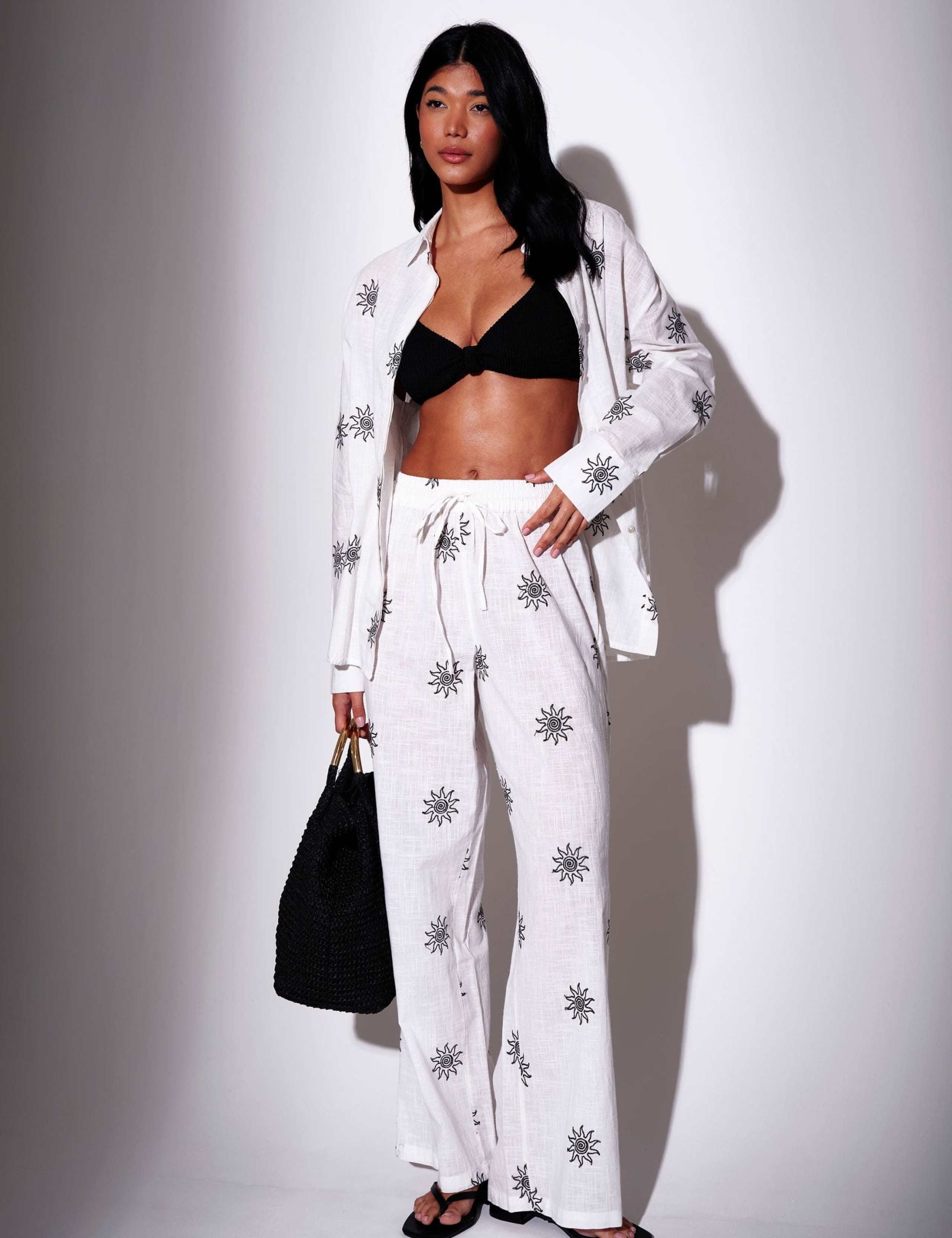 Pure Cotton Embroidered Wide Leg Trousers 5 of 5