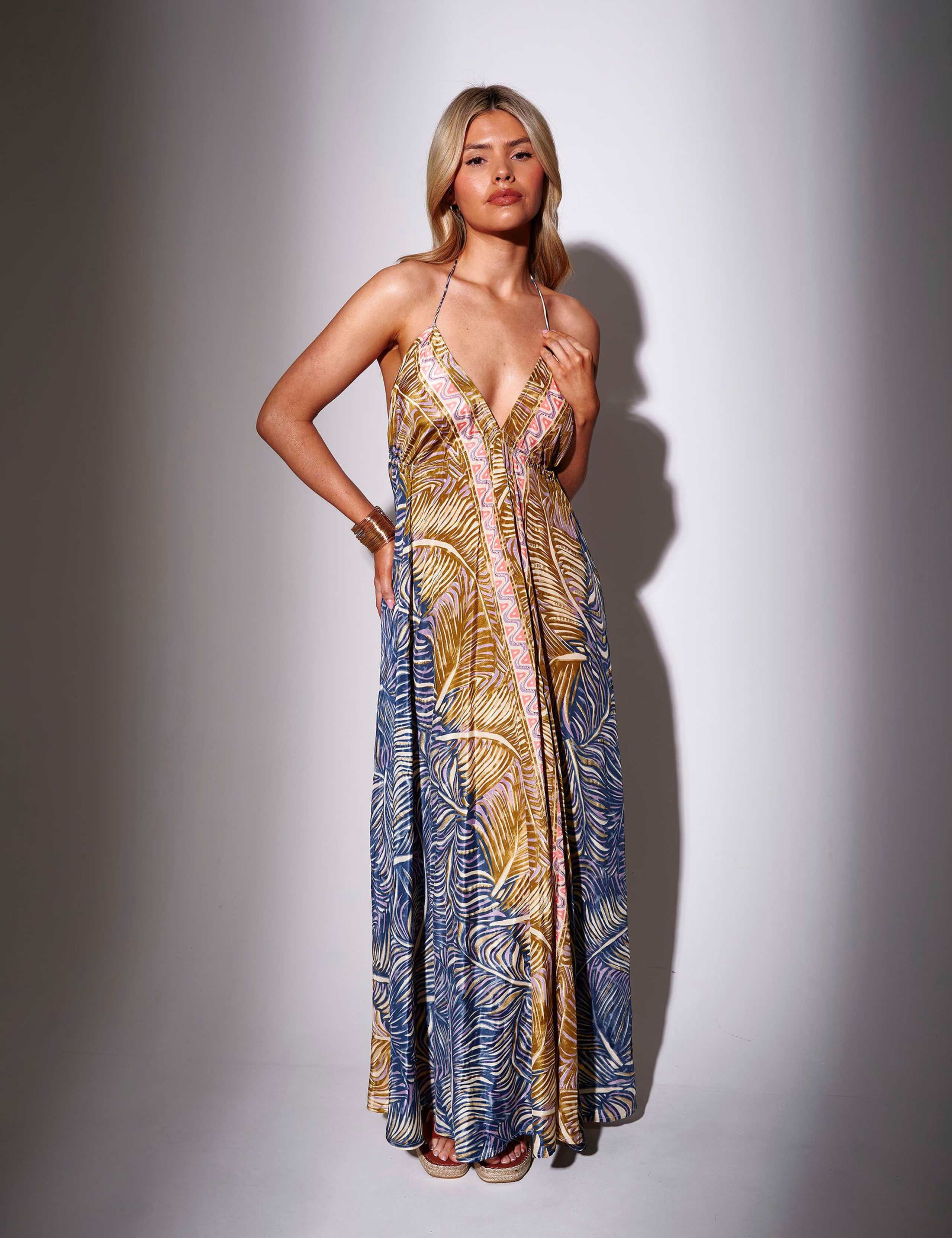 Printed Halterneck Tie Back Maxi Beach Dress 1 of 5