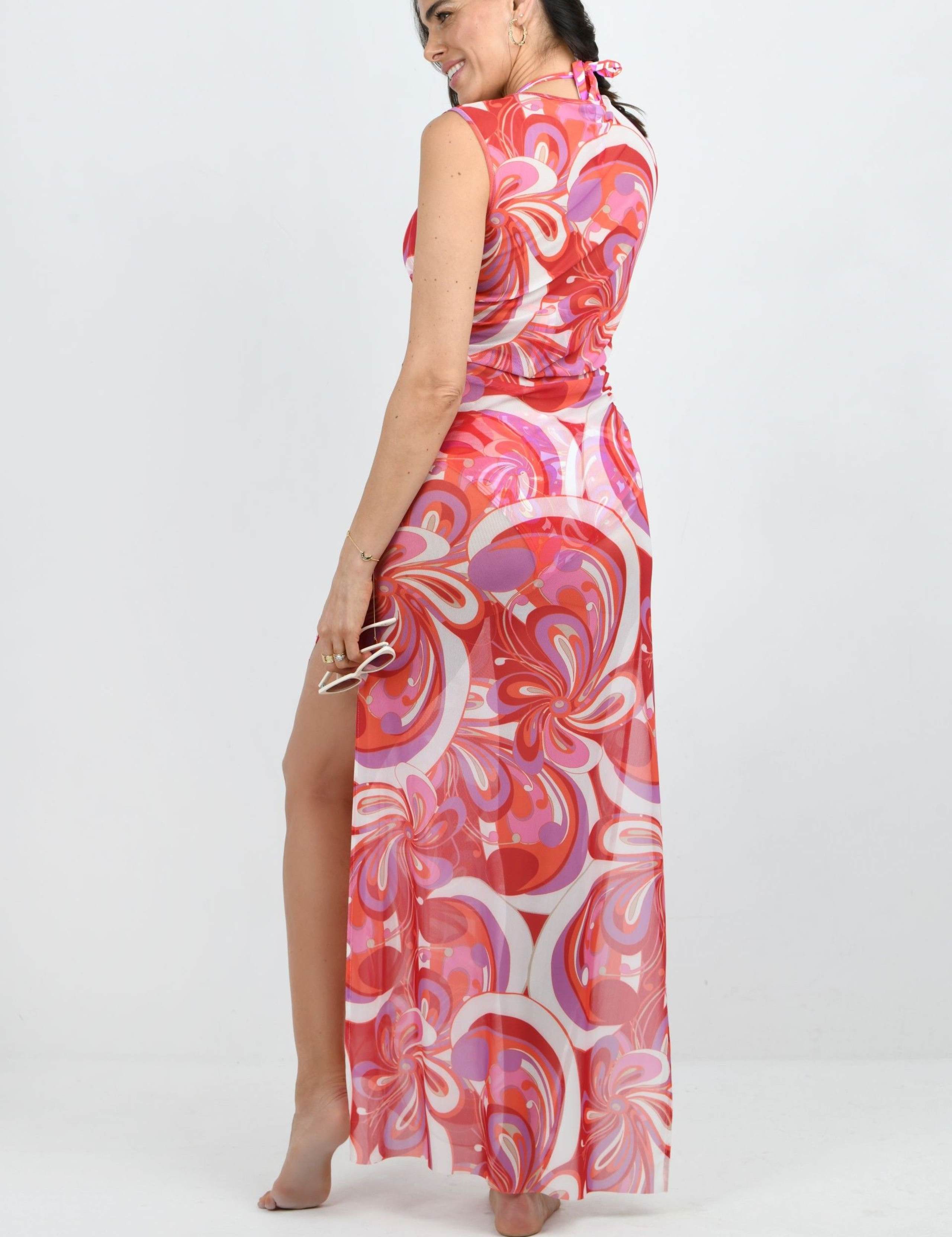 Mesh Printed Round Neck Maxi Beach Dress 3 of 5