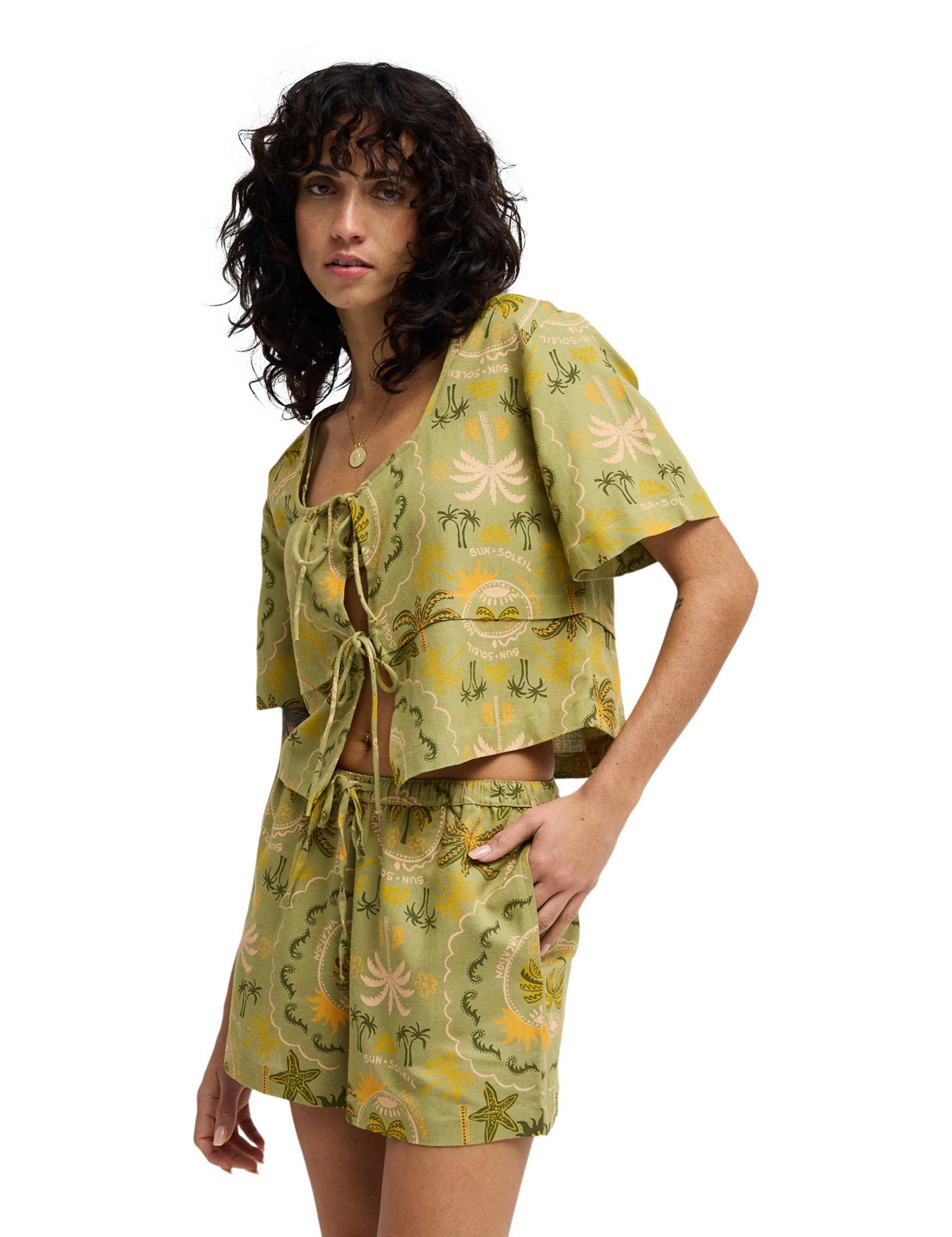 Printed Tie Front Shirt with Linen 2 of 3