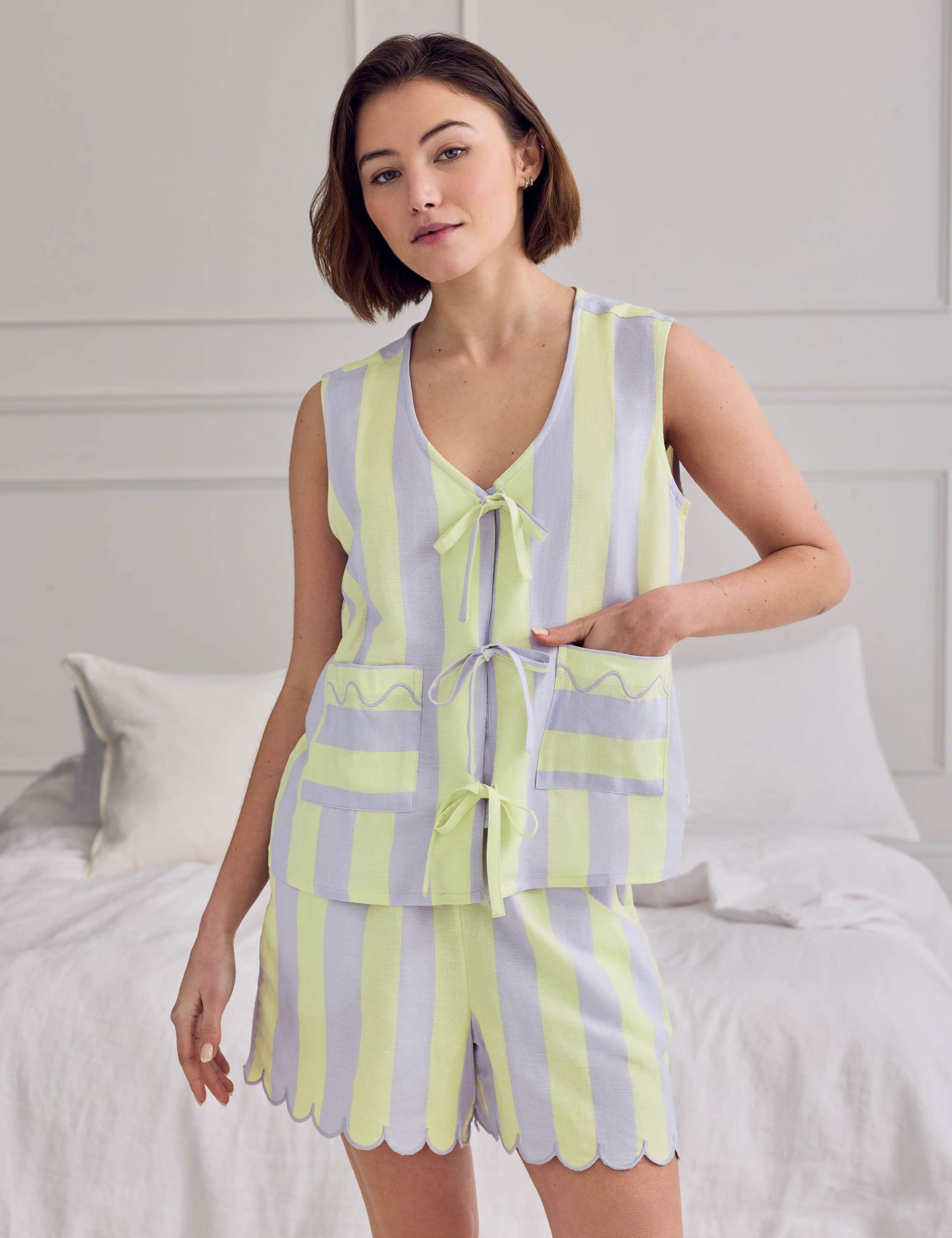 Linen Rich Striped Tie Front Shortie Set 2 of 6