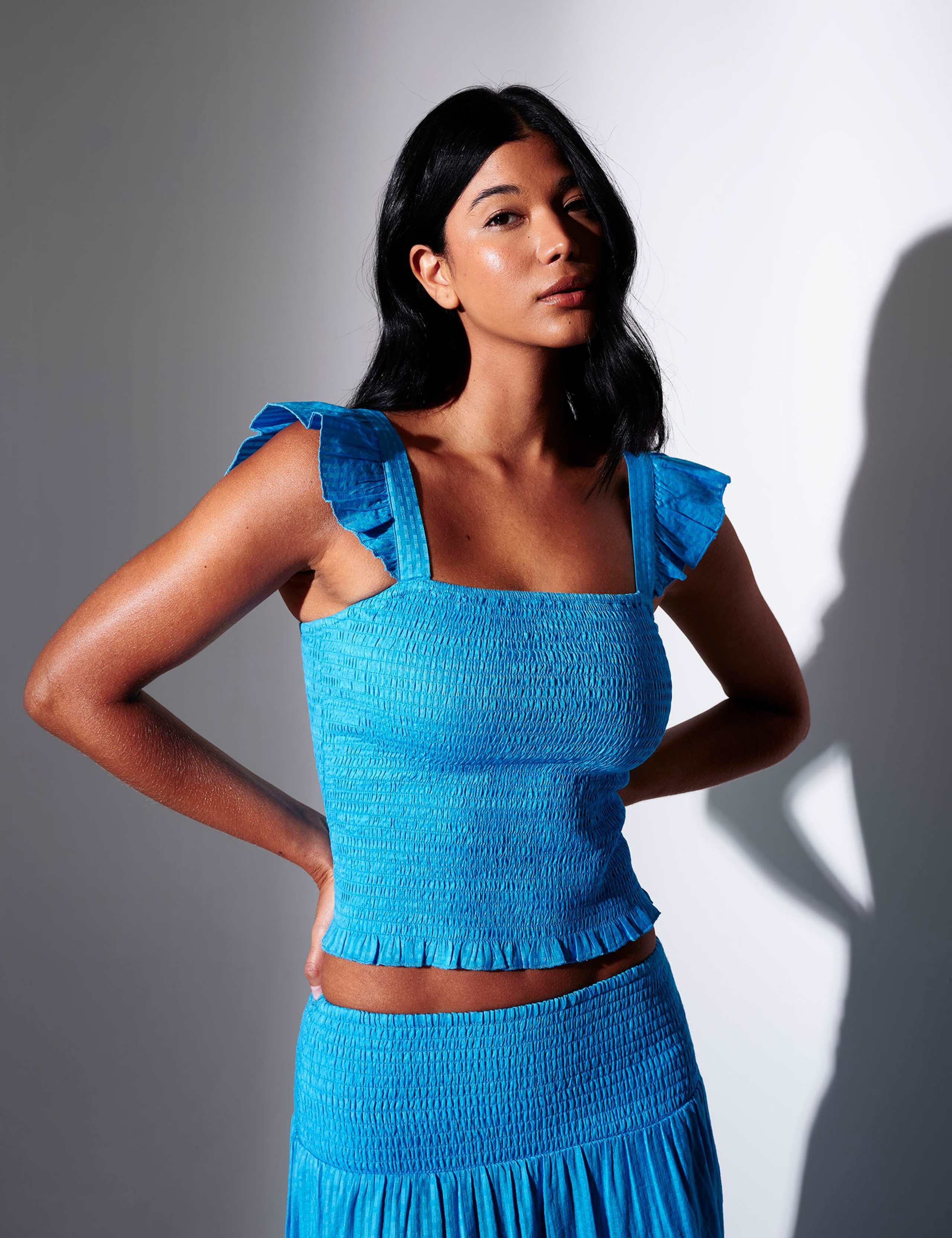 Pure Cotton Shirred Frill Sleeve Top 1 of 2