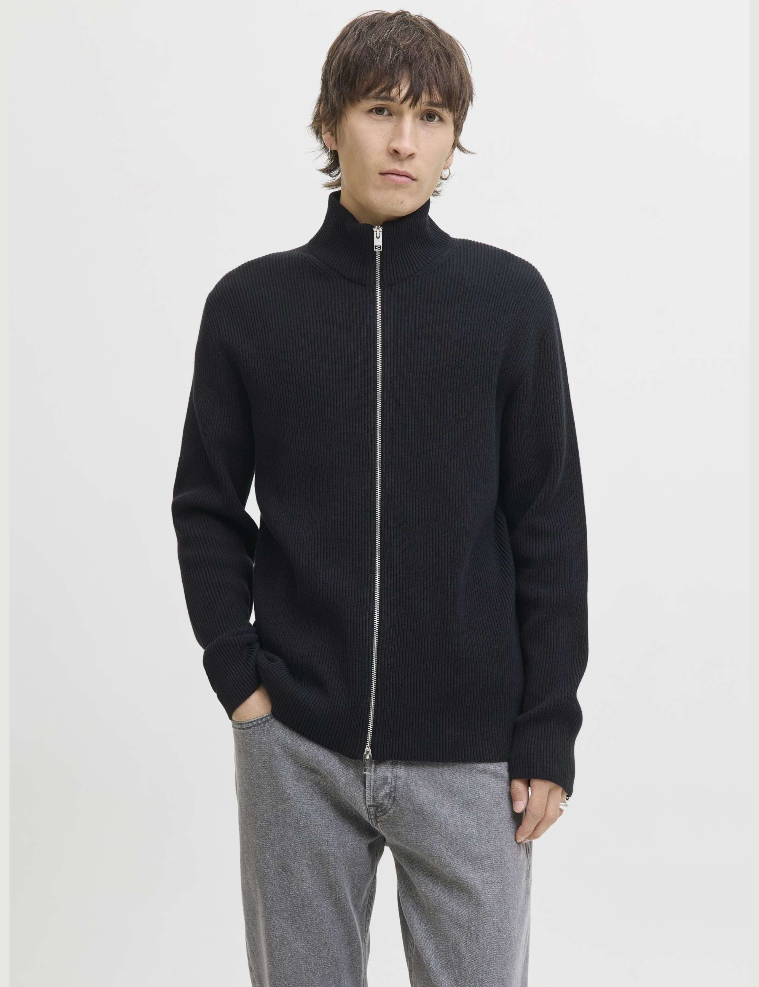 Cotton Blend Ribbed Zip Up Cardigan 1 of 5