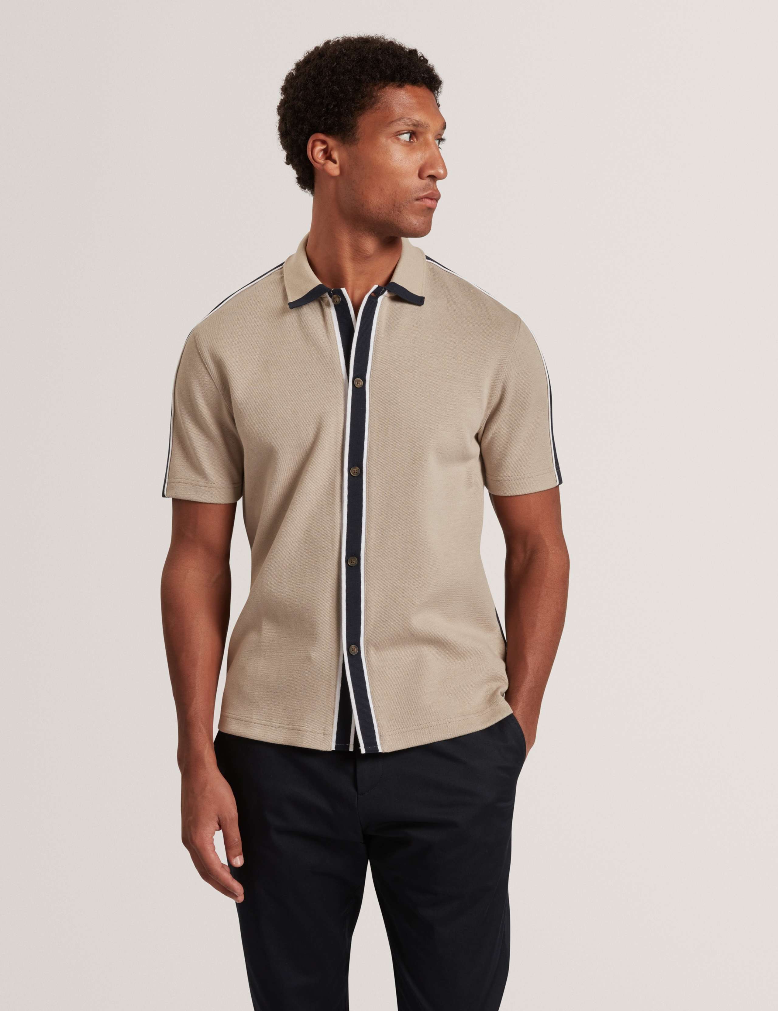 Cotton Blend Two-Tone Button Through Polo Shirt 1 of 7