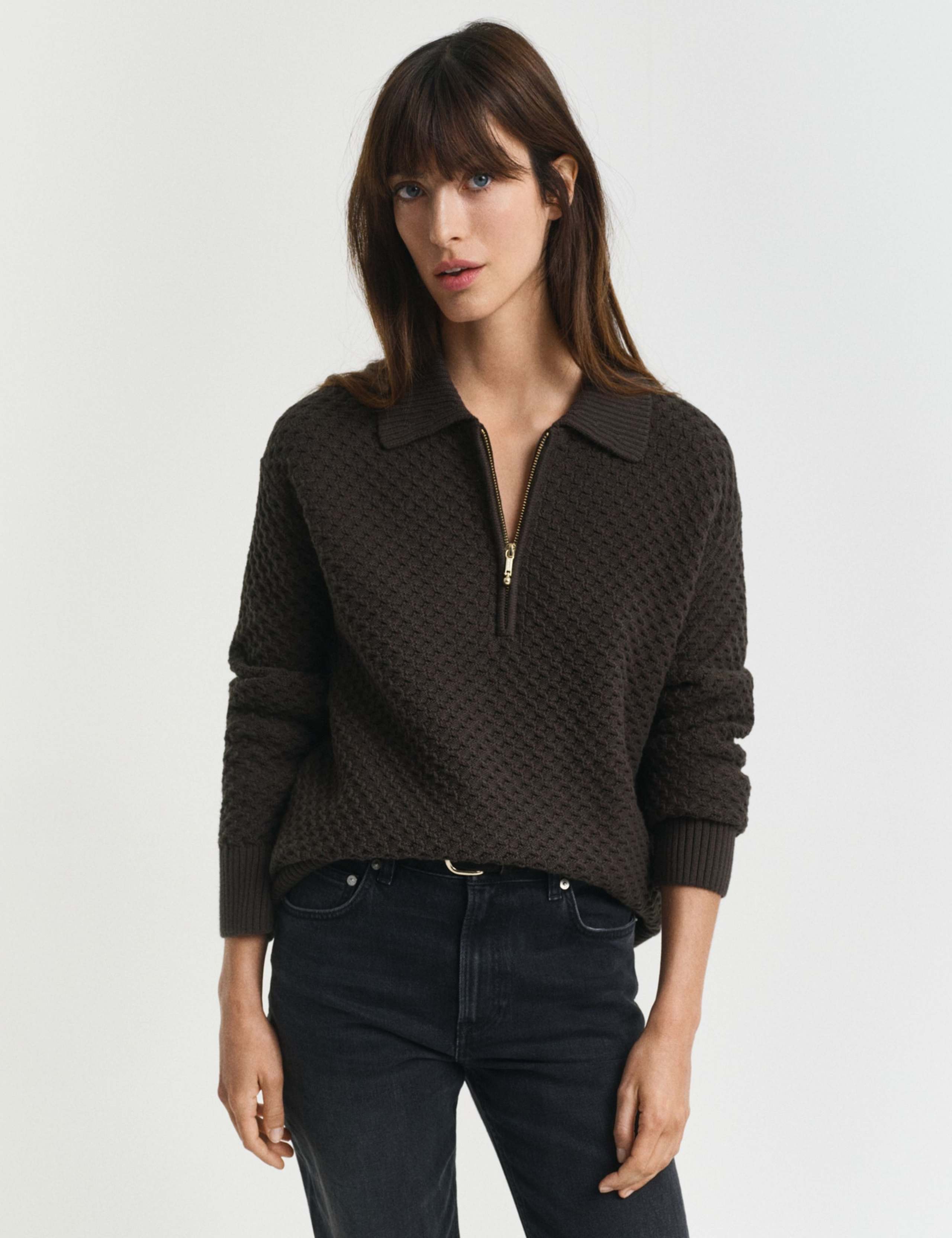 Cotton Rich Textured Half Zip Jumper 1 of 5