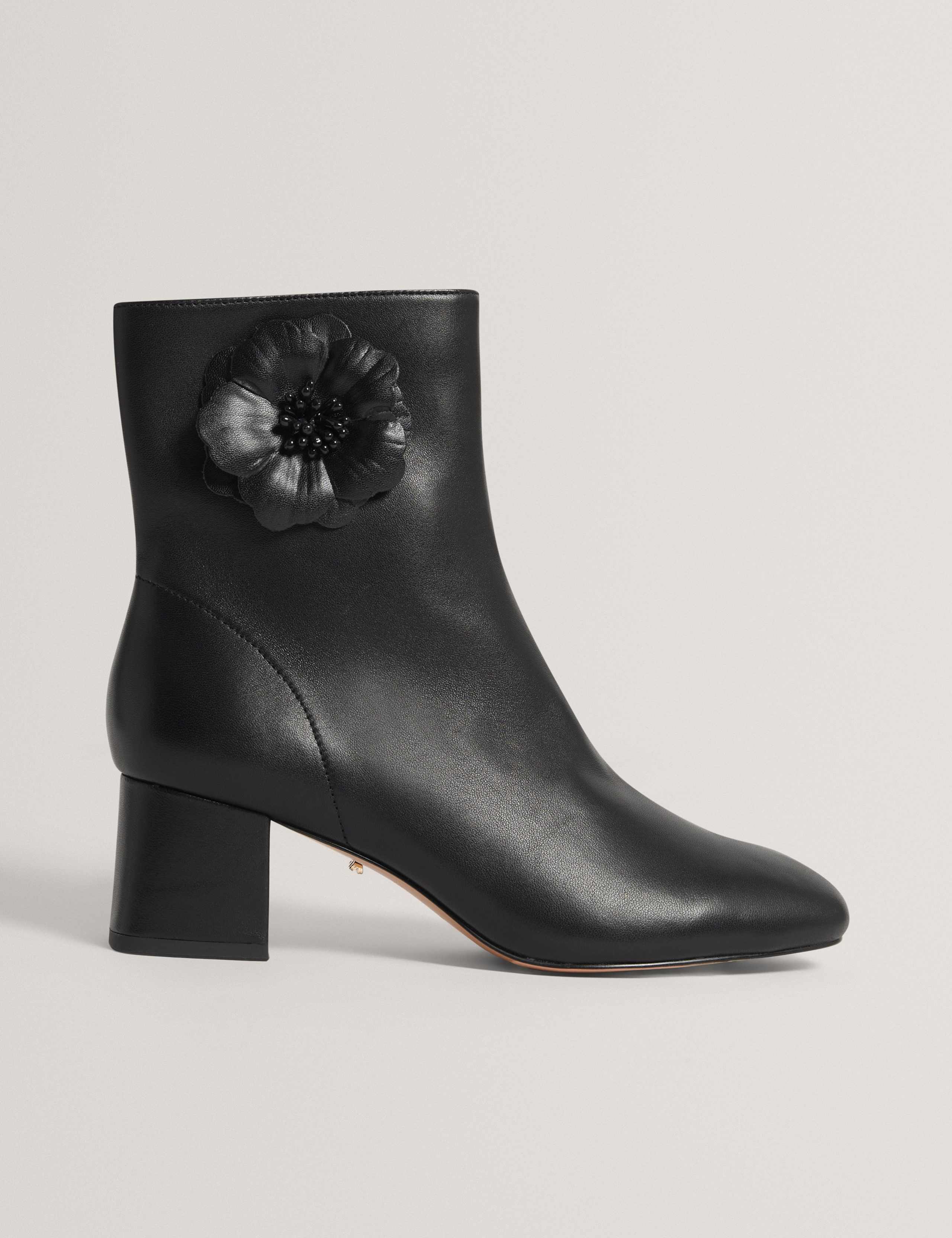 Leather Flower Detail Block Heel Ankle Boots 2 of 3