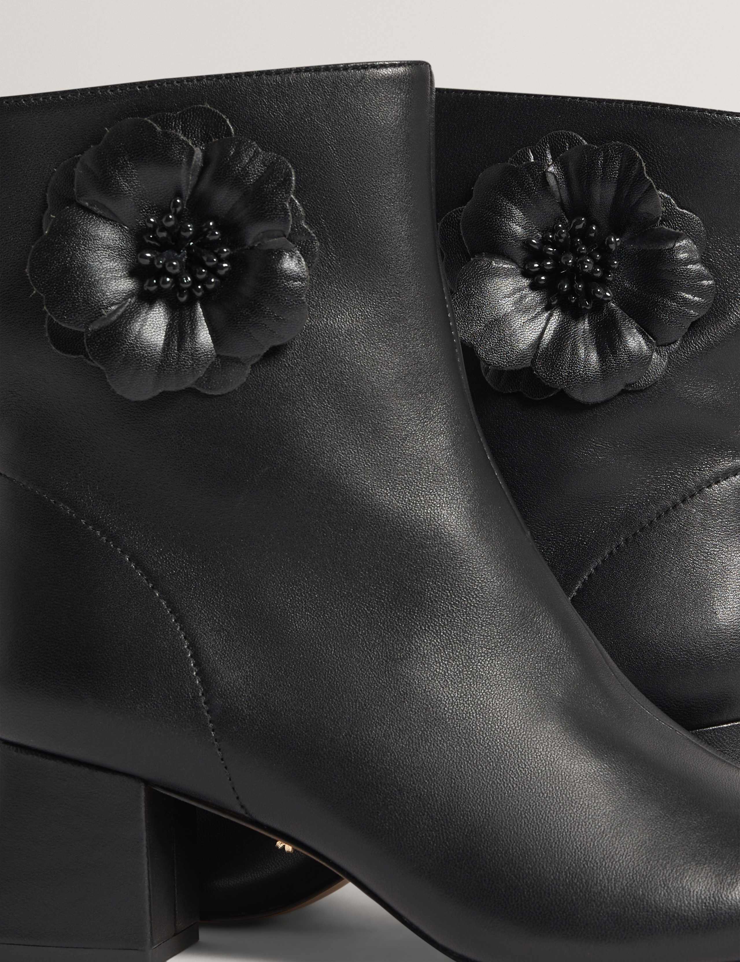 Leather Flower Detail Block Heel Ankle Boots 3 of 3